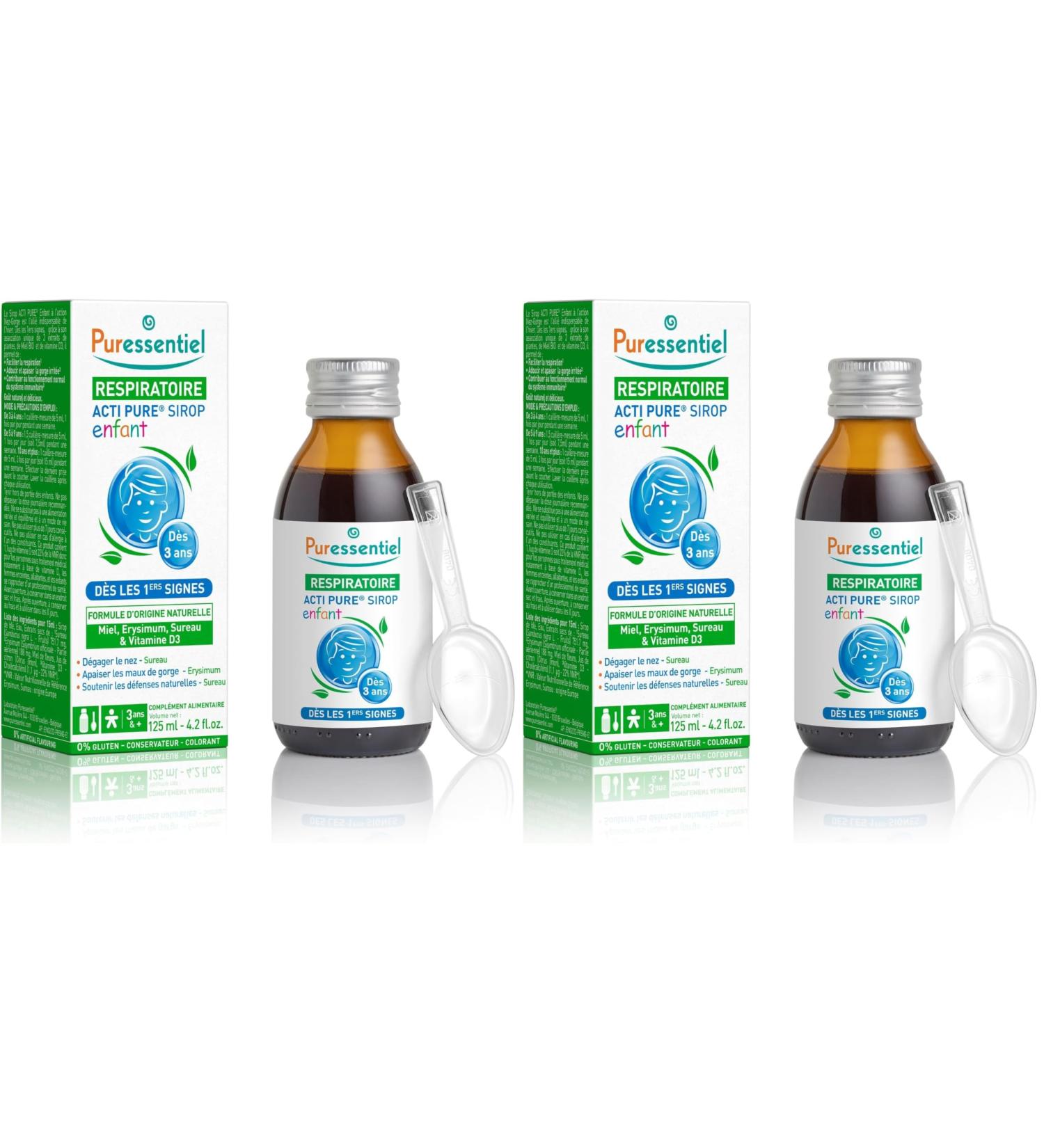 Puressentiel Respiratoire Sirop Acti Pure Nez-Gorge Enfant -3ans - Miel extraits d Erysimum et Sureau Vitamine D3 Go t naturel et d licieux 125 ml (Lot de 2) Pack of 2 - Buy Online on GoSupps.com
