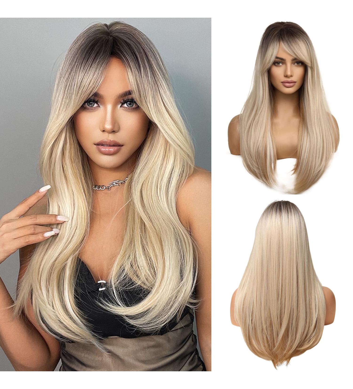 Esmee 24-Inch Long Straight Blond Wig | Ombre Synthetic Hair with Dark Roots | Perfect for Daily Party & Cosplay Wear - Buy Online on GoSupps.com