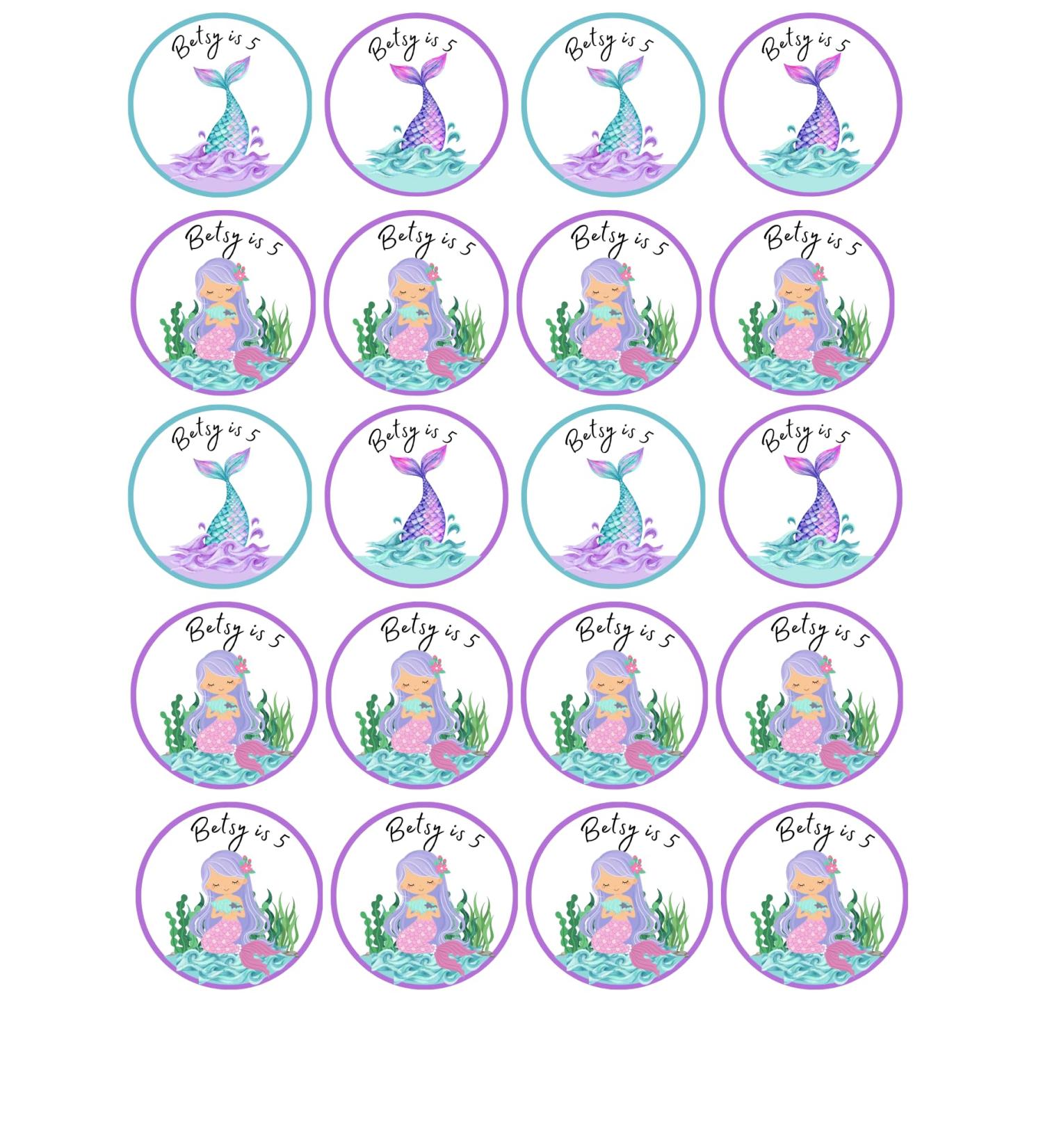 edible 20 x Mermaid Birthday Personalised cupcake toppers uncut (wafer paper) Rice Paper