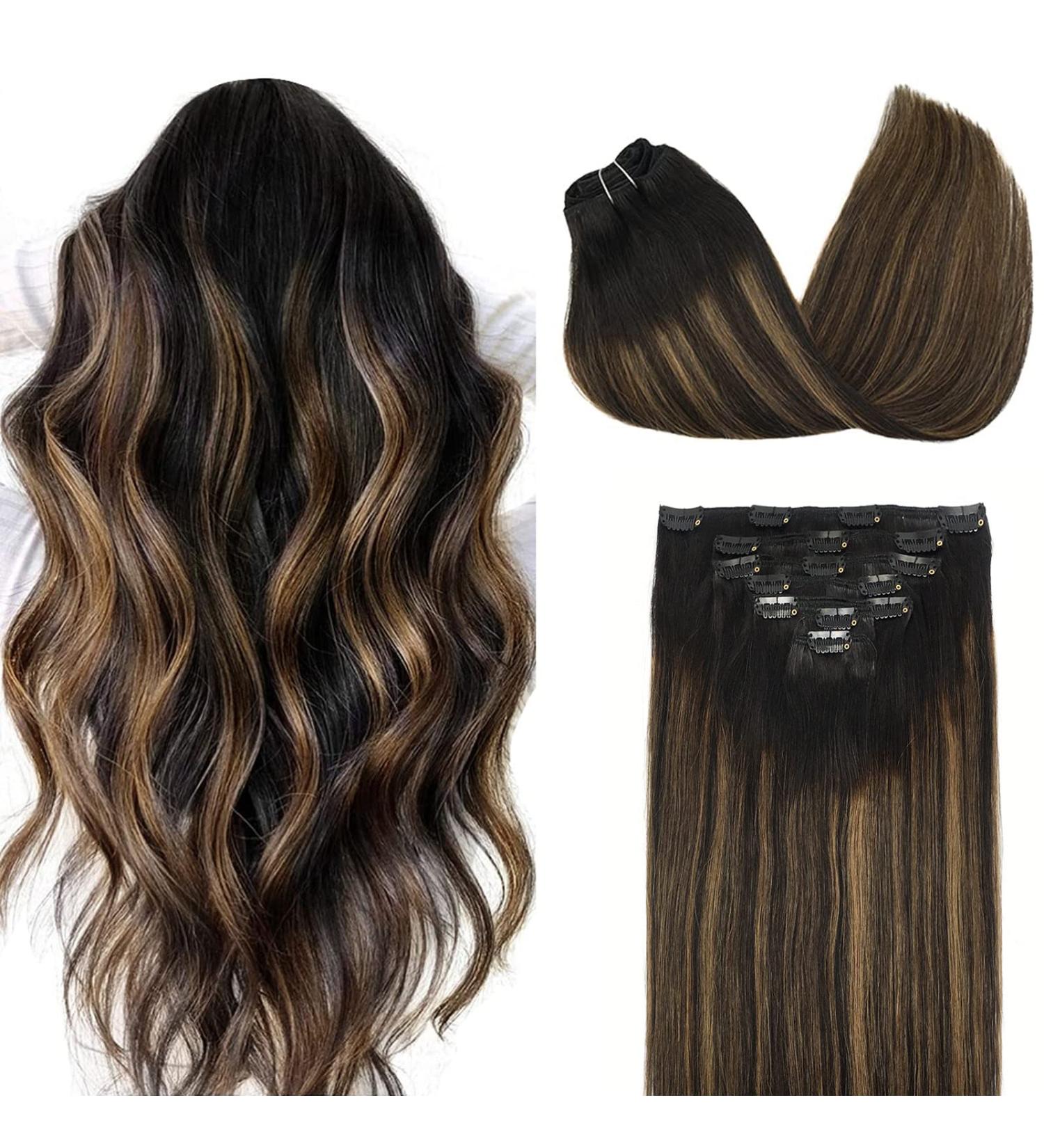 Doores Clip-In Hair Extensions - Real Remy Hair Balayage Natural Black to Chestnut Brown 45cm (18 inch) 120g 7 Pieces - Buy Online on GoSupps.com