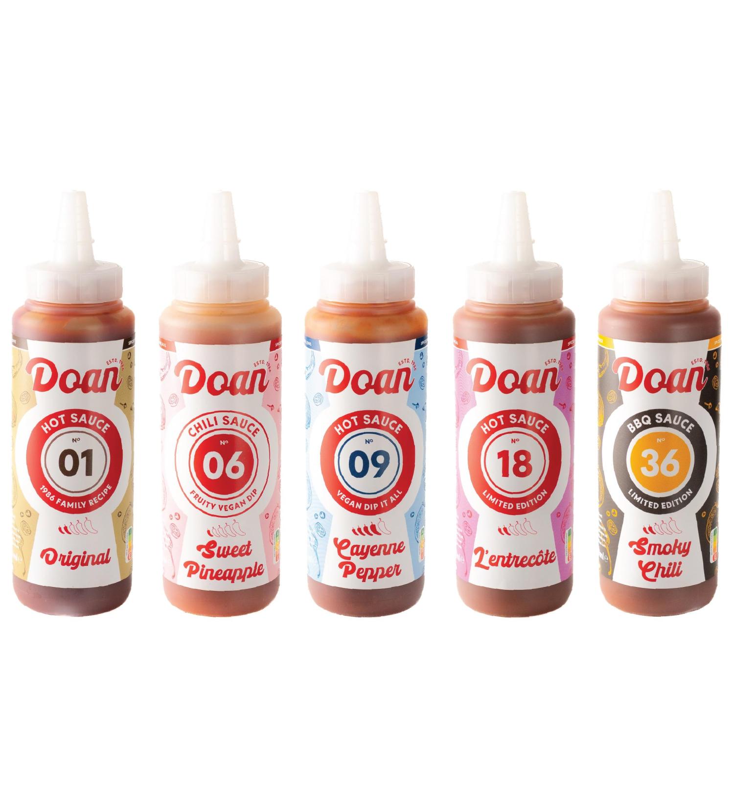  Doan Doan Hot Sauce Party Bundle 5 artisanal chili sauces for BBQs and parties from mild to spicy family recipe since 1986 vegan and gluten-free 5-pack (5 x 240 ml) - Buy Online on GoSupps.com