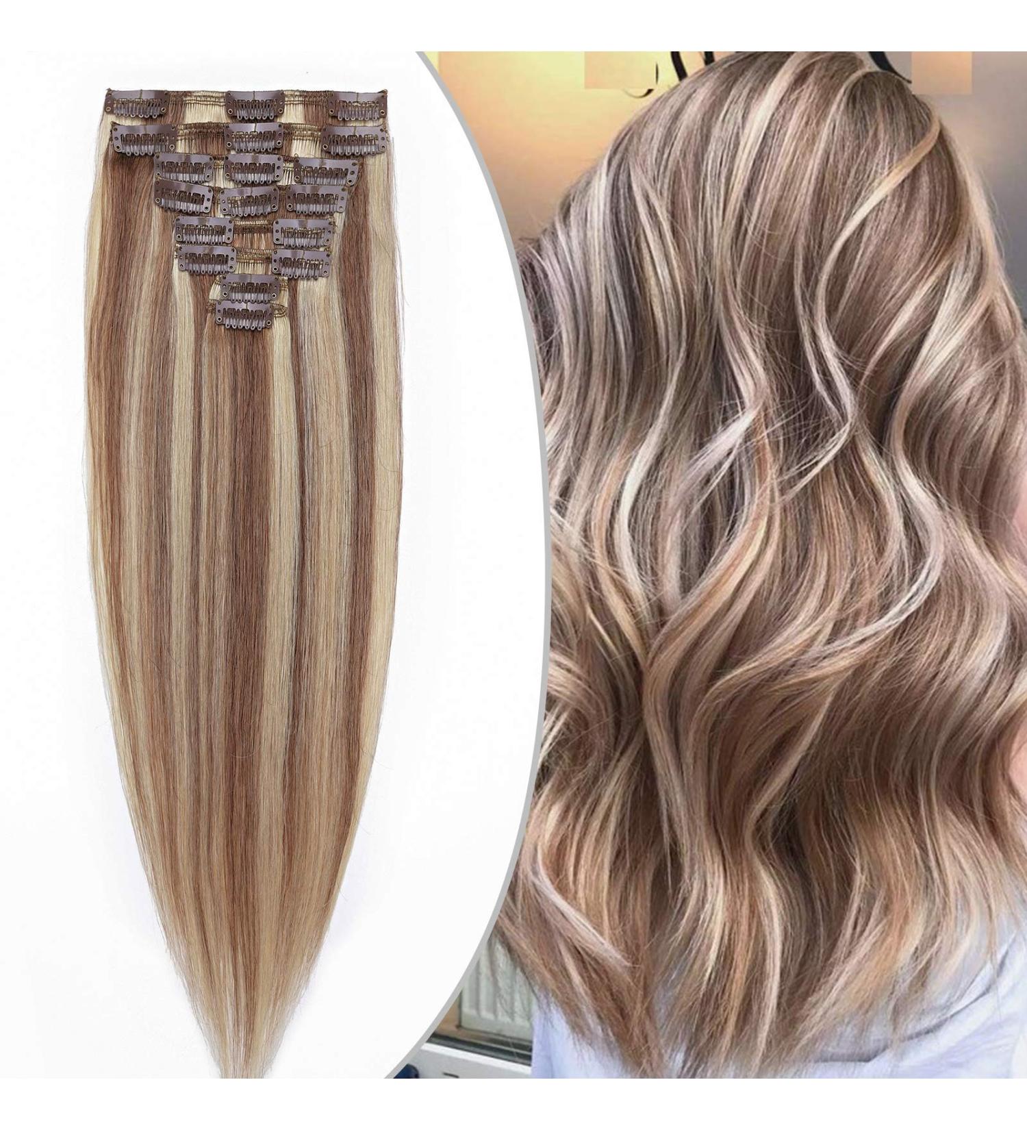 55cm Clip-In Remy Human Hair Extensions - 8 Tresses 18 Clips 85g - Light Brown/Blonde (#12/613) - International Shipping Available - Buy Online on GoSupps.com
