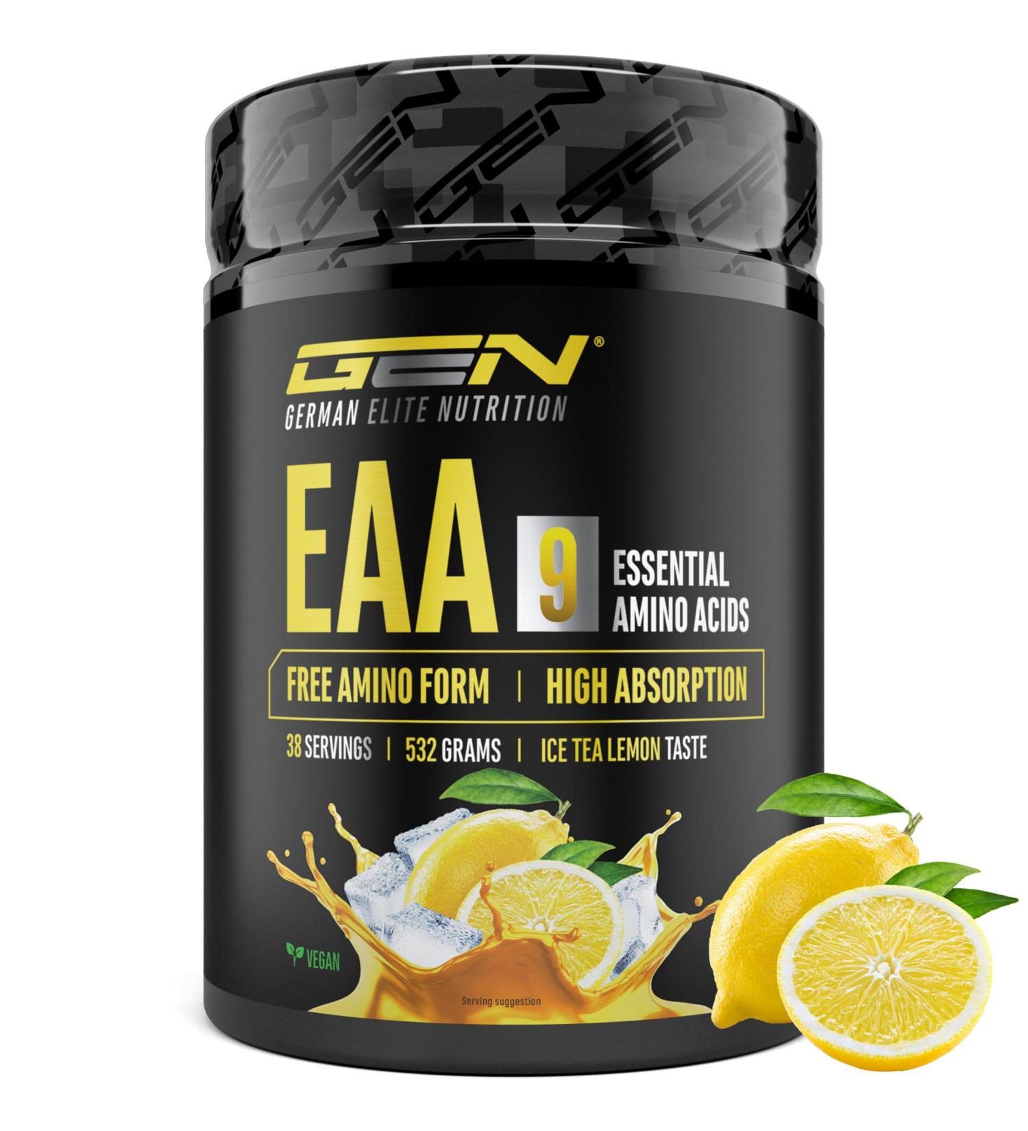  GEN GERMAN ELITE NUTRITION EAA powder 532g (38 servings) - The 9 essential amino acids incl. histidine & BCAA - Human Code formula - Vegan - Very good solubility - Refreshing amino acid drink (Ice Tea Lemon) - Buy Online on GoSupps.com