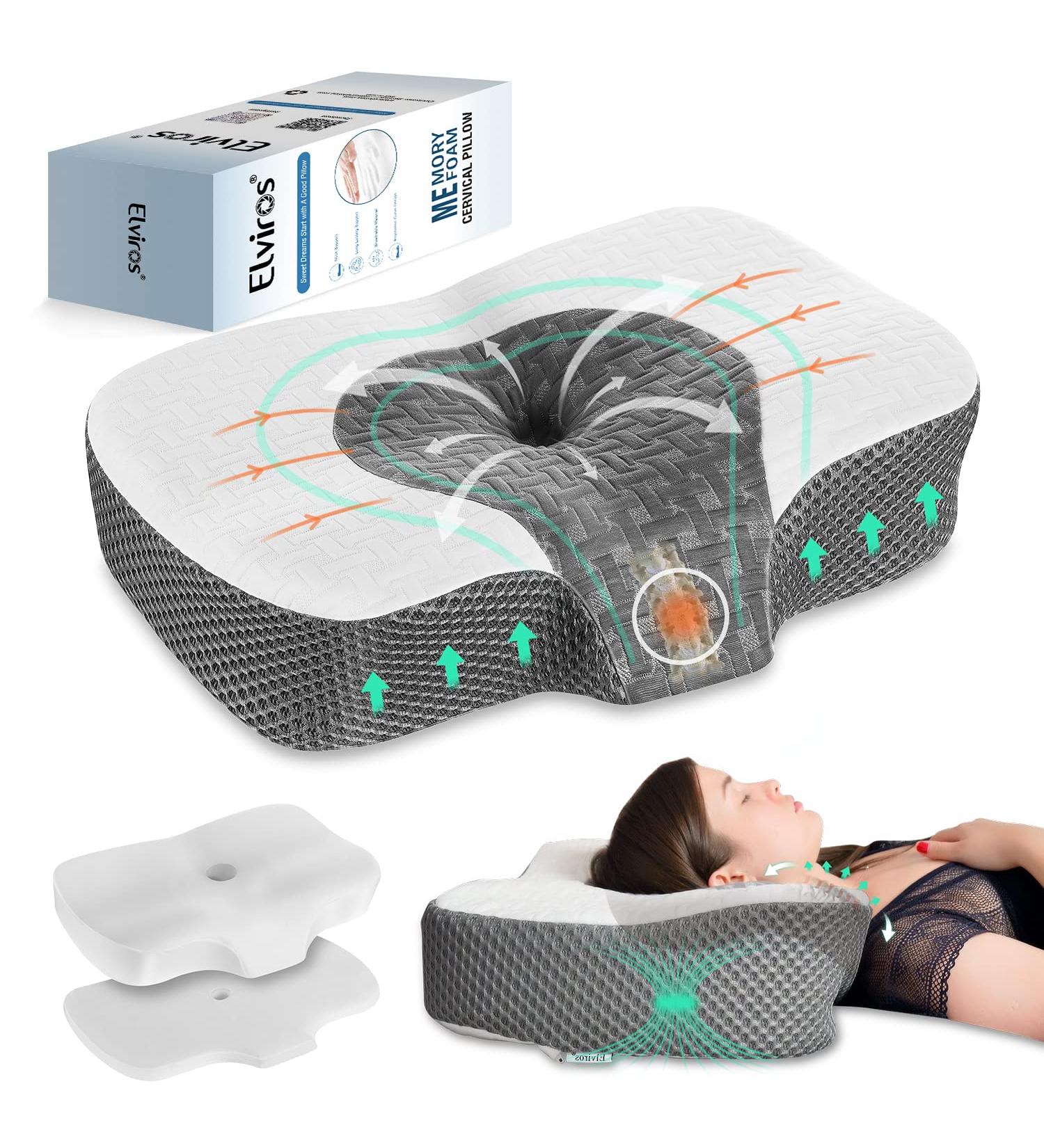 Elviros Cervical Memory Foam Neck Pillow - Contour Orthopedic Pillow for Back, Stomach, and Side Sleepers - Adjustable Ergonomic Bed Pillow for Pain Relief - CertiPUR-US Certified, White Queen Size - 23.6 x 15.2 x 3.9/5.3 inches - Buy Online on GoSupps.com