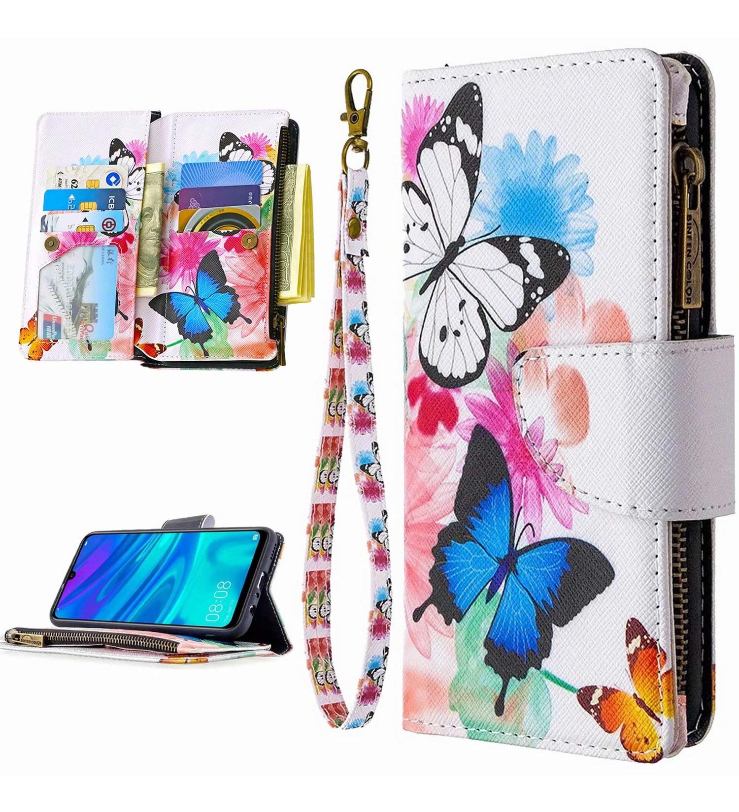 Miago Colorful Butterfly Flower Leather Case for Huawei Y5 2019 - 9 Card Slots Zip Flip Wallet Cover - Buy Online on GoSupps.com