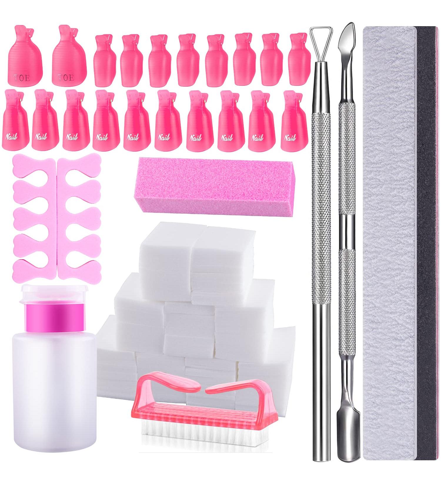 Siquk Gel Nail Polish Remover Kit - 20 Nail Clips, 2 Nail Files, 2 Cuticle Pushers, 600 Cotton Pads, Nail Brush, Grinding Block, Toe Separator - Pink - Buy Online on GoSupps.com
