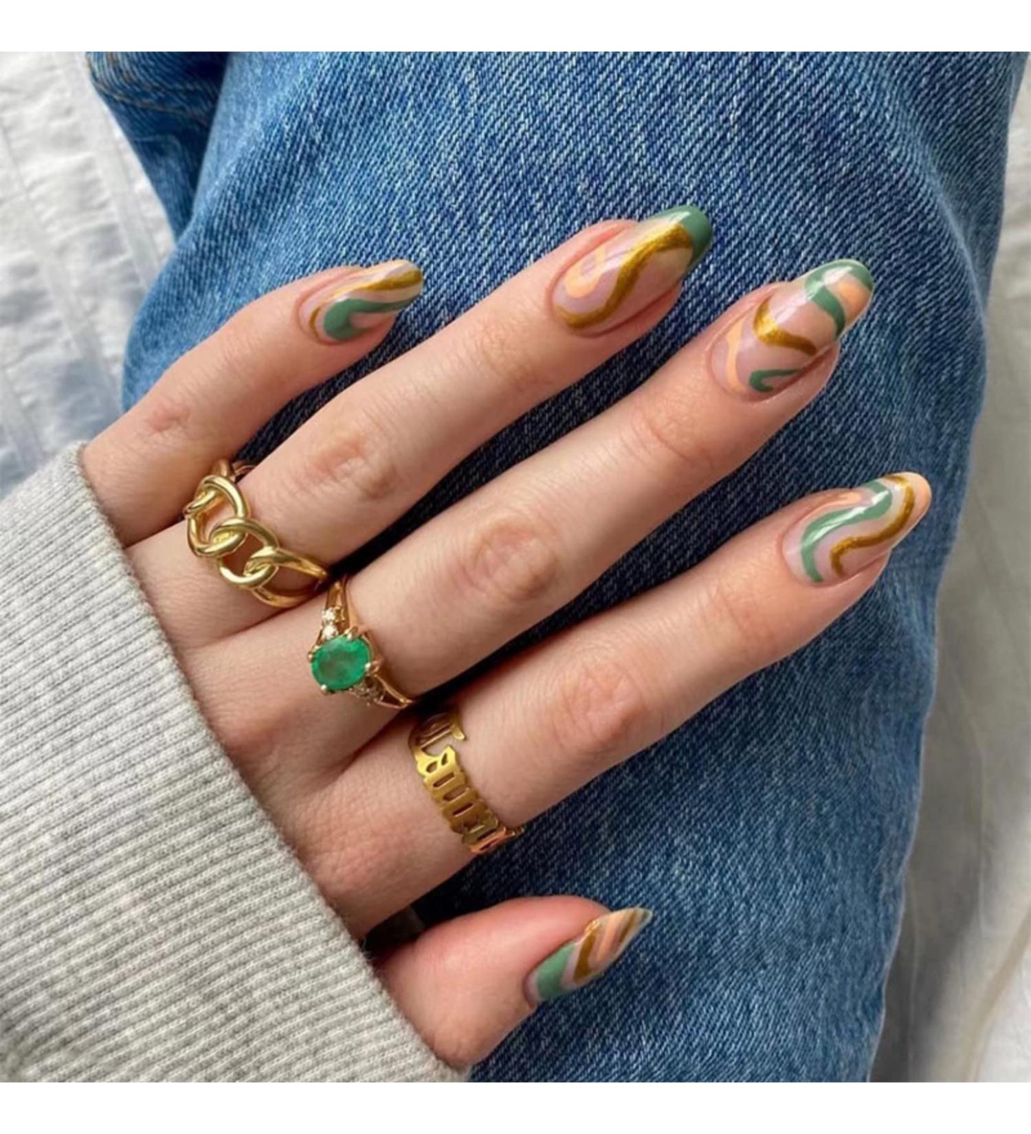 Justotry 24 Pcs Wavy Almond Short False Nails - Gold and Teal French Press On Nails | Trendy Fake Nails with Nail Glue | Nude Oval Medium Stick On Nails for Women - Buy Online on GoSupps.com