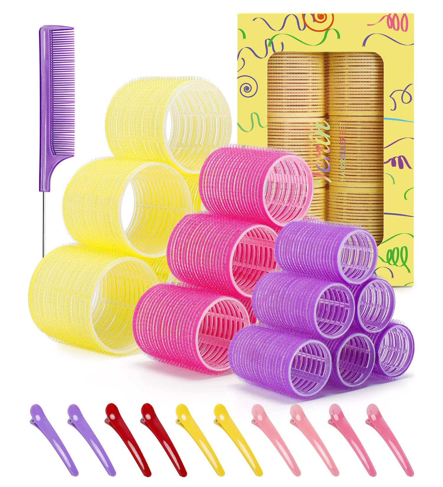 IENIN Self Grip Hair Roller Set - 29 PCS, 3 Sizes Velcro Curlers with Clips and Comb - Salon Hair Dressing Jumbo Rollers for Long, Medium, Short Hair - Multi-colored - Buy Online on GoSupps.com
