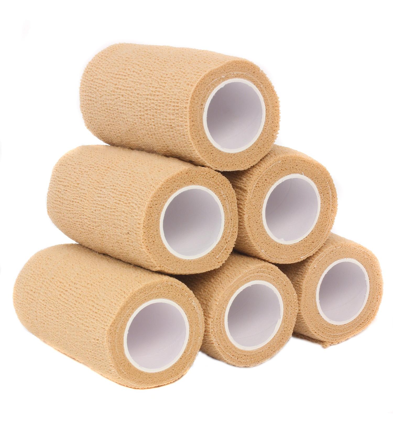 Self Adherent Cohesive Wrap Bandages 4 x 5 Yards - 6 Count Pack - First Aid for Sprains, Swelling, Sports, Pets - Tan - Buy Online on GoSupps.com