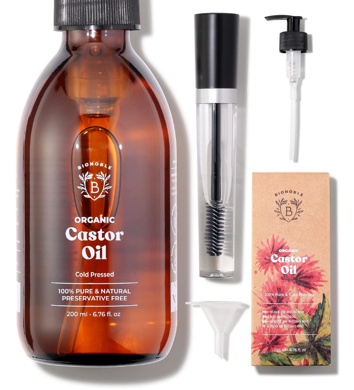 Bionoble Organic Castor Oil 200ml - 100% Pure Cold Pressed for Lashes, Eyebrows, Hair, Beard, Nails - Vegan & Cruelty Free - Glass Bottle with Pump - Includes Mascara Kit - 200ml Pack - Buy Online on GoSupps.com