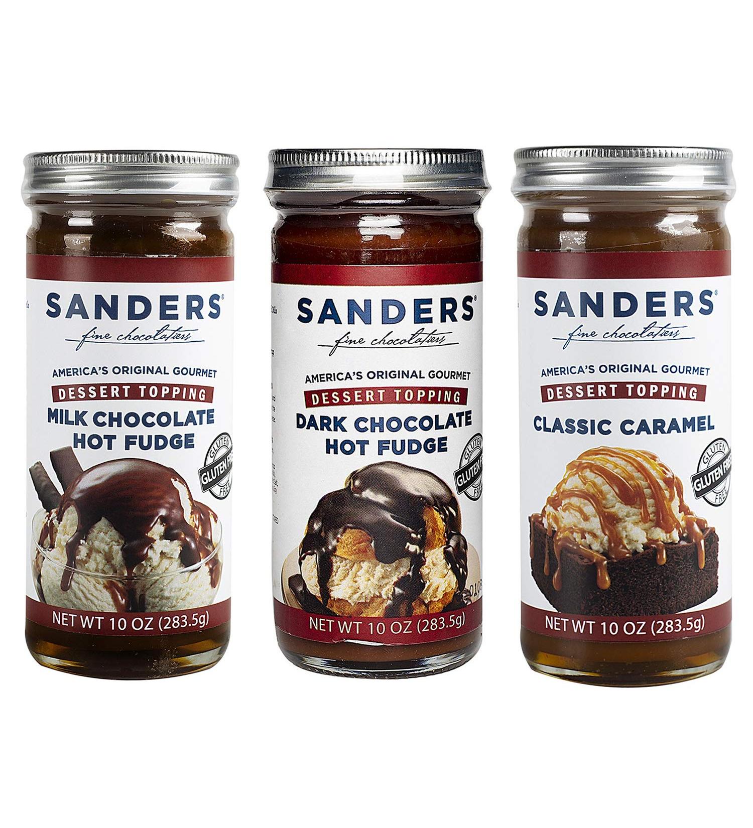 Sanders Hot Fudge Sauce & Gourmet Dessert Topping Assortment - 3 Pack Milk Chocolate, Dark Chocolate, Classic Caramel - 10 Ounce - Gluten Free, Kosher, All Natural - Buy Online on GoSupps.com