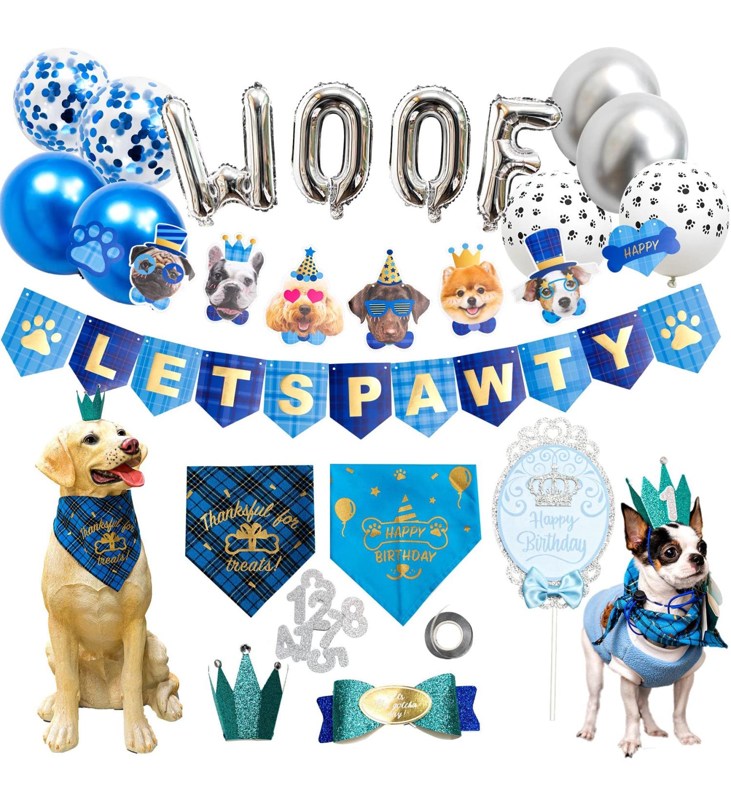 Dog Birthday Party Supplies - Hat, Bandana, Bowtie, Cake Topper, Balloon, Flag, Banner for Small Medium Dogs - Blue Doggie Birthday Decor - Buy Online on GoSupps.com
