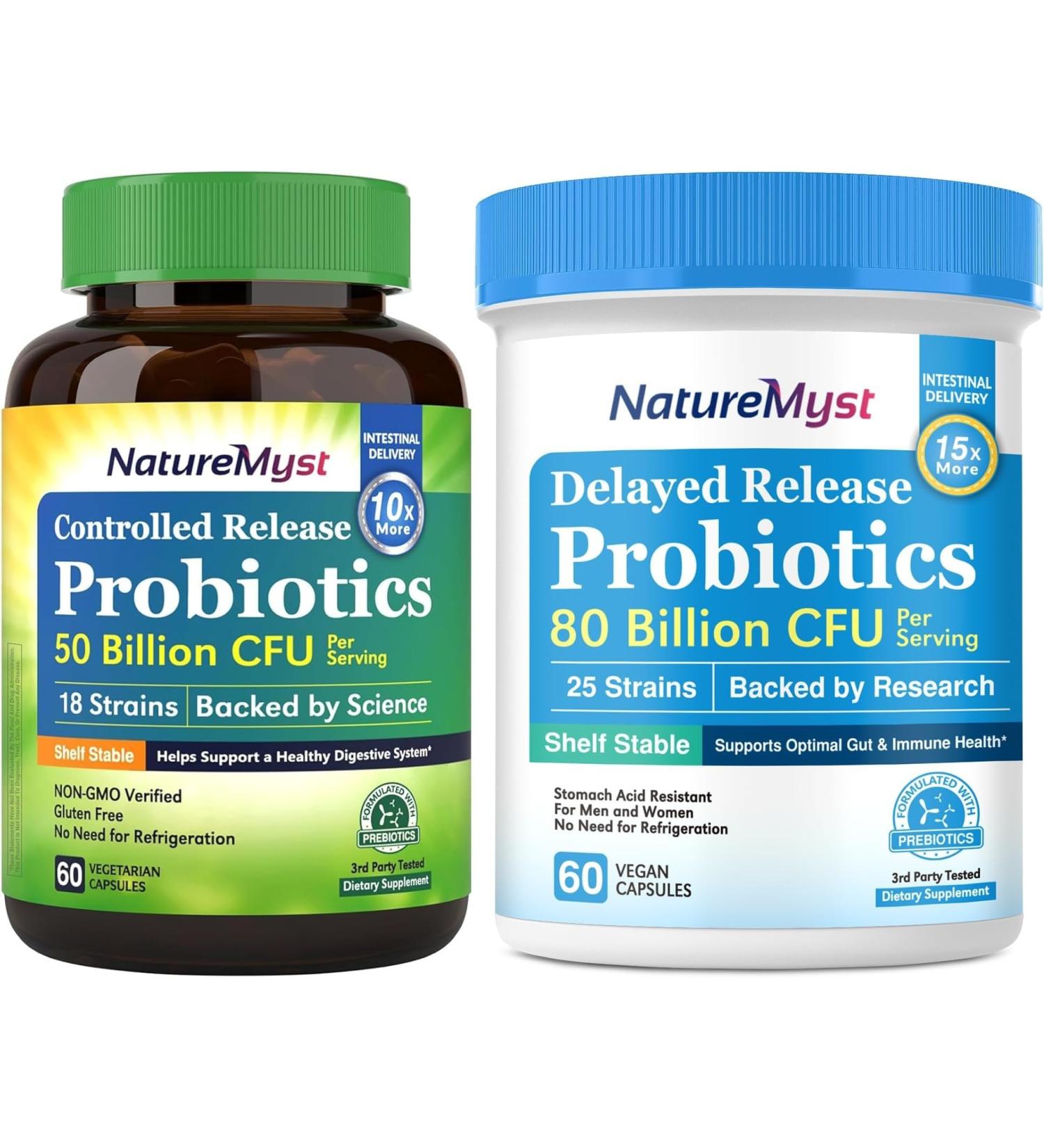 NatureMyst Probiotics 80 Billion + 50 Billion Bundle 25 & 18 Strains with Prebiotics Gut & Immune Health Shelf Stable Non-GMO Made in USA 120 Capsules - Buy Online on GoSupps.com