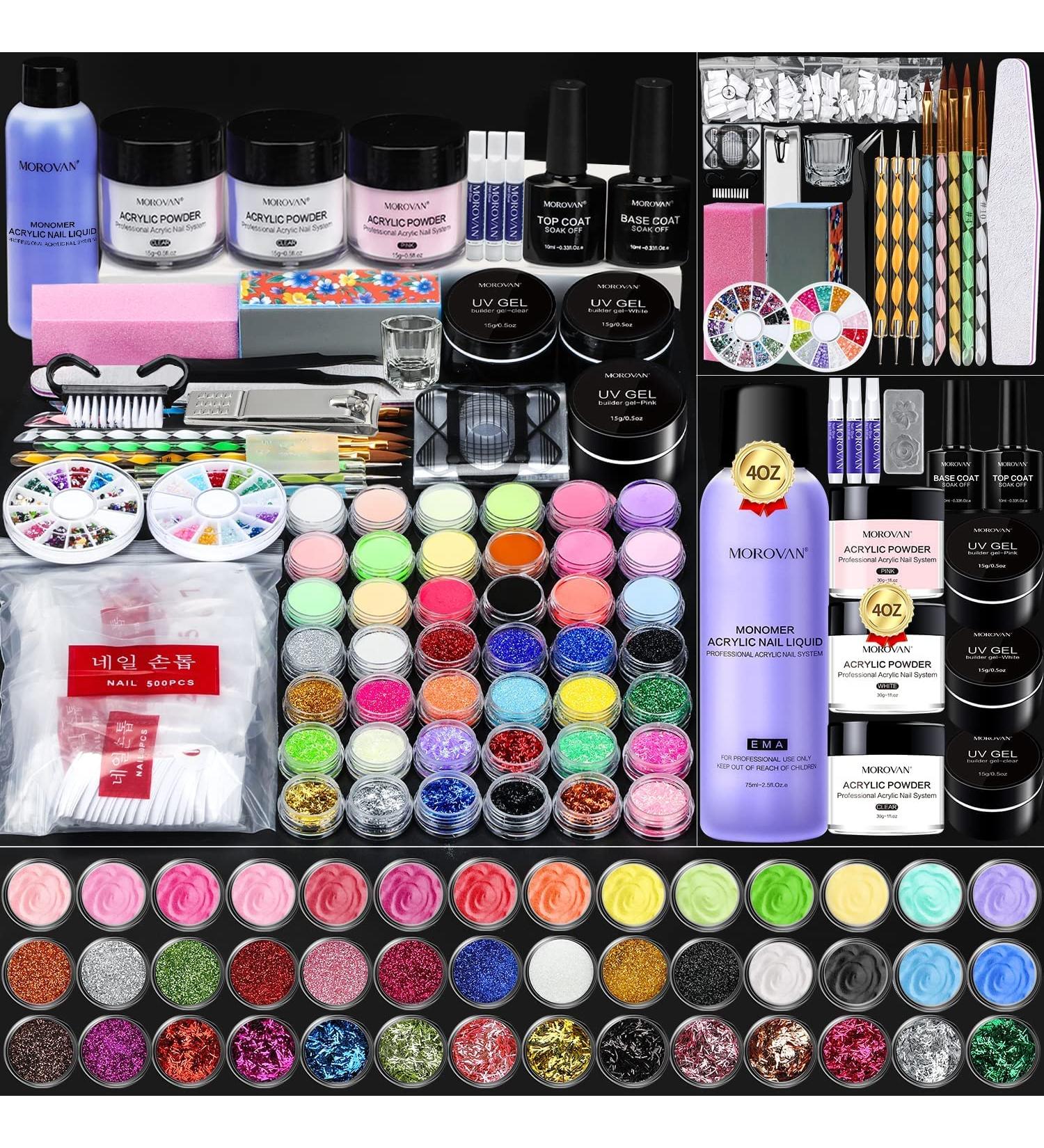 Morovan Acrylic Nail Kit - Acrylic Powder Colored Acrylic Powder Top Base Coat UV Builder Gel Nail Glue Glitter Powder Strip Glitter Sequins - Buy Online on GoSupps.com
