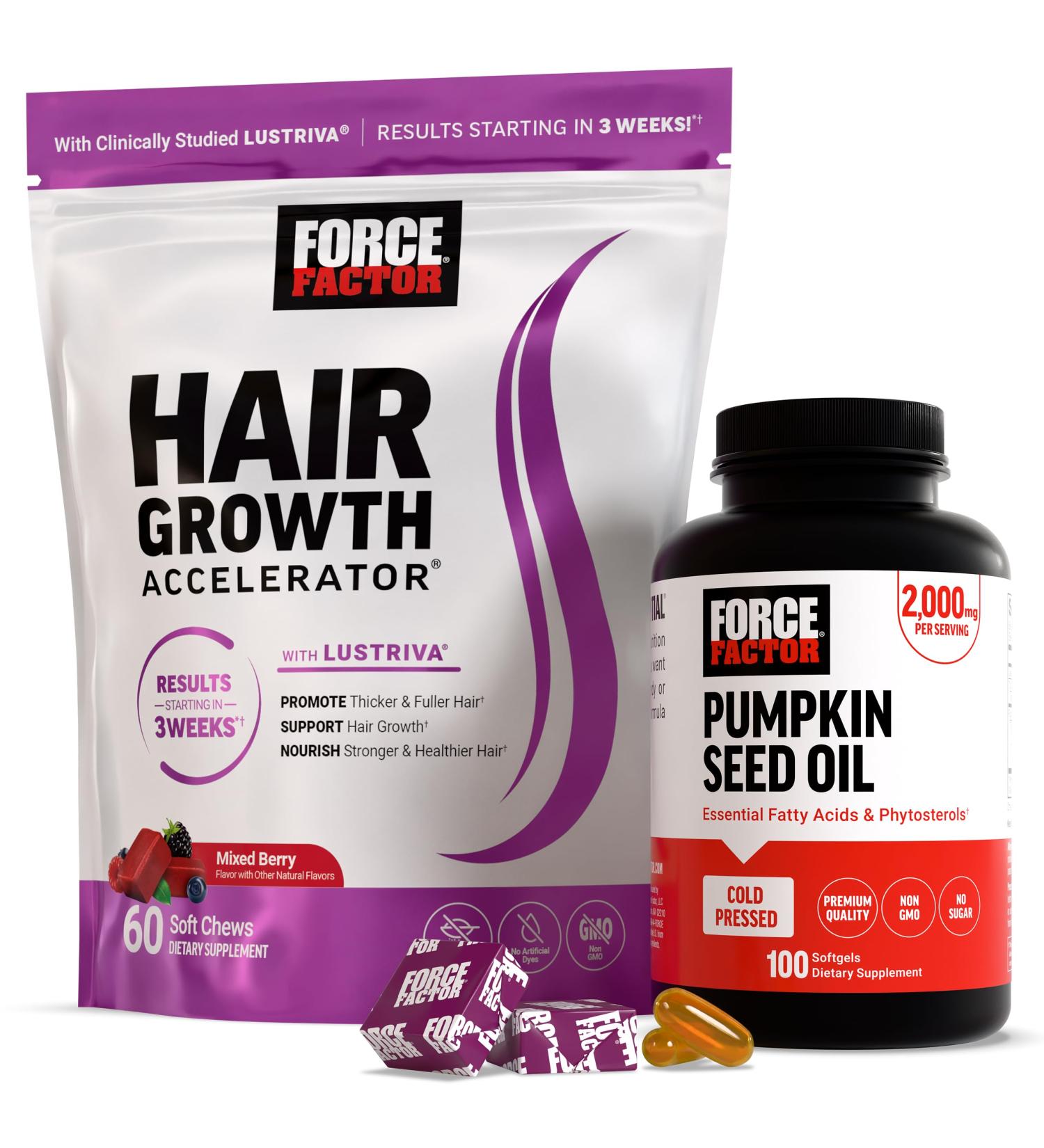 Force Factor Hair Growth Accelerator Soft Chews Hair Growth Vitamins for Women and Men with Clinically Studied Lustriva and Biotin Promotes Thicker Fuller Stronger Hair + Pumkin Seed Oil Sofgels - Buy Online on GoSupps.com