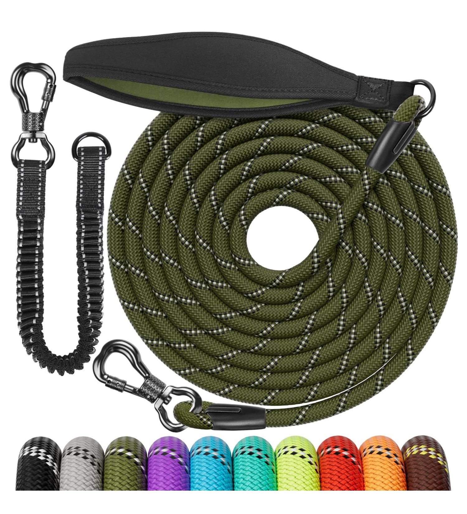 Aystkniet Bungee Dog Drag Line - 3m 5m 10m 15m 20m 30m | Shock-Absorbing Leash with Padded Handle & Reflective Threads for Medium Large Dogs - Army Green - Buy Online on GoSupps.com