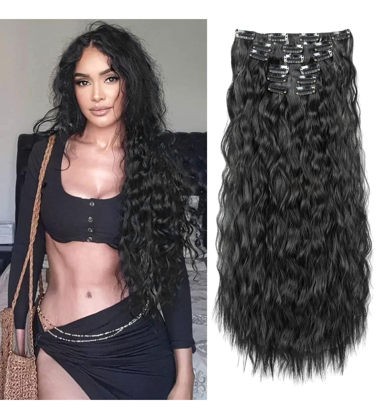 FLUFYMOOZ 24 Inch Natural Black Clip In Hair Extensions - Long Mermaid Waves Synthetic Hairpiece for Women - Buy Online on GoSupps.com