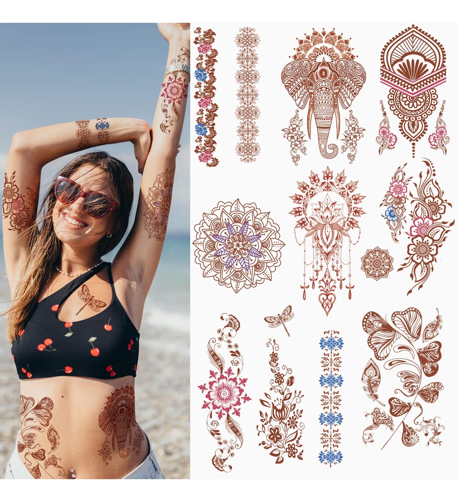 Aresvns Henna Tattoo Sticker Kit - 8 Sheets, Indian Waterproof Boho Temporary Tattoos for Women - Long-lasting Beach and Festival Body Art - Perfect Christmas Gift - Buy Online on GoSupps.com