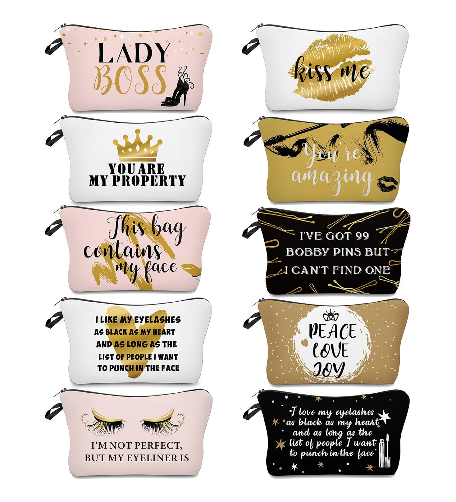 10 Pieces Letters Makeup Bags Cosmetic Pouch Travel Organizer Toiletry Bag - Gold & Pink Style for Women Girls - Perfect Christmas Gift - Buy Online on GoSupps.com