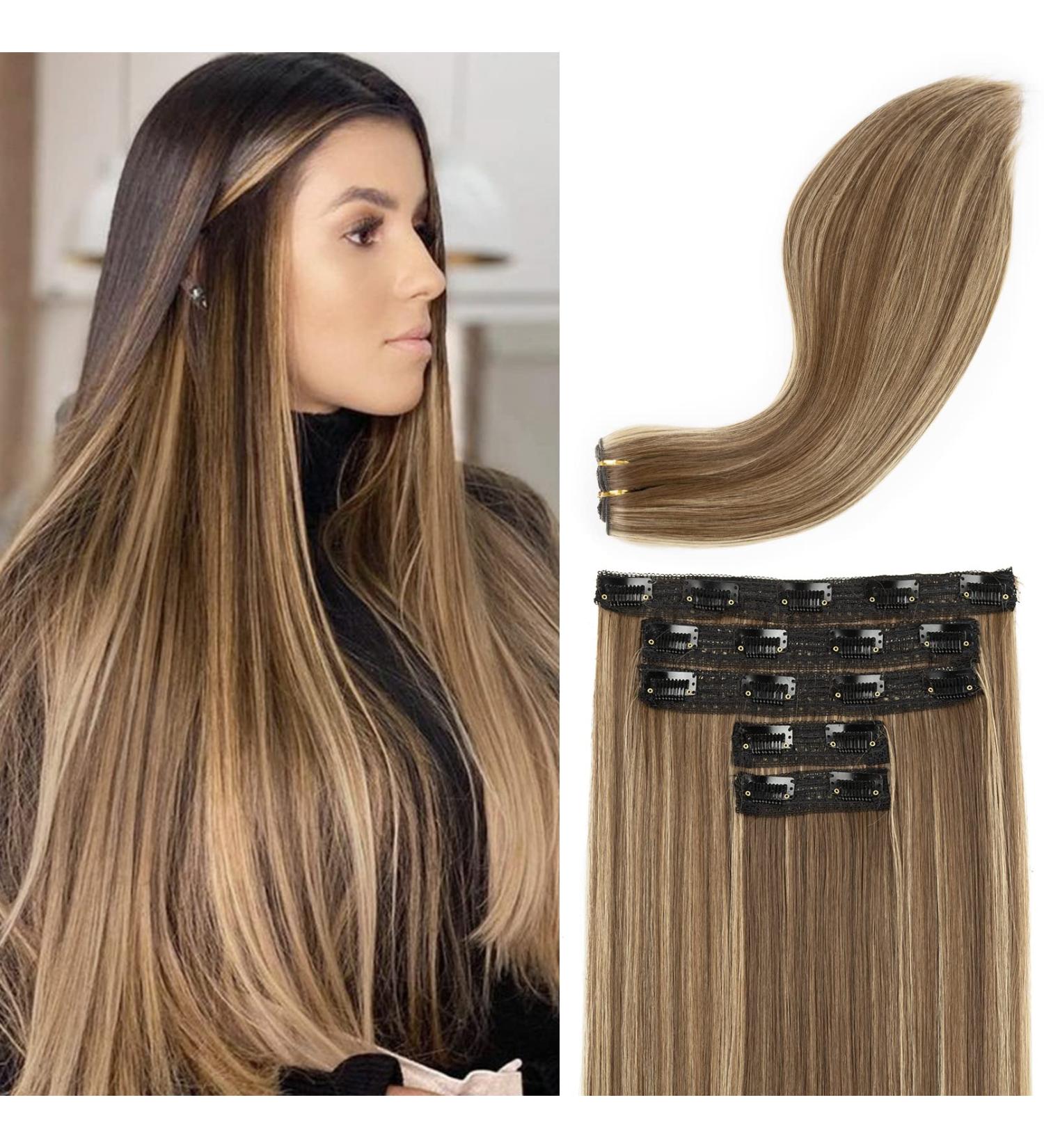 REECHO Clip in Hair Extensions - Thick Long Lace Weft Synthetic Hairpieces for Women - 24 Inch Chocolate Brown with Golden Blonde Highlights - 240g (Pack of 5) - Buy Online on GoSupps.com