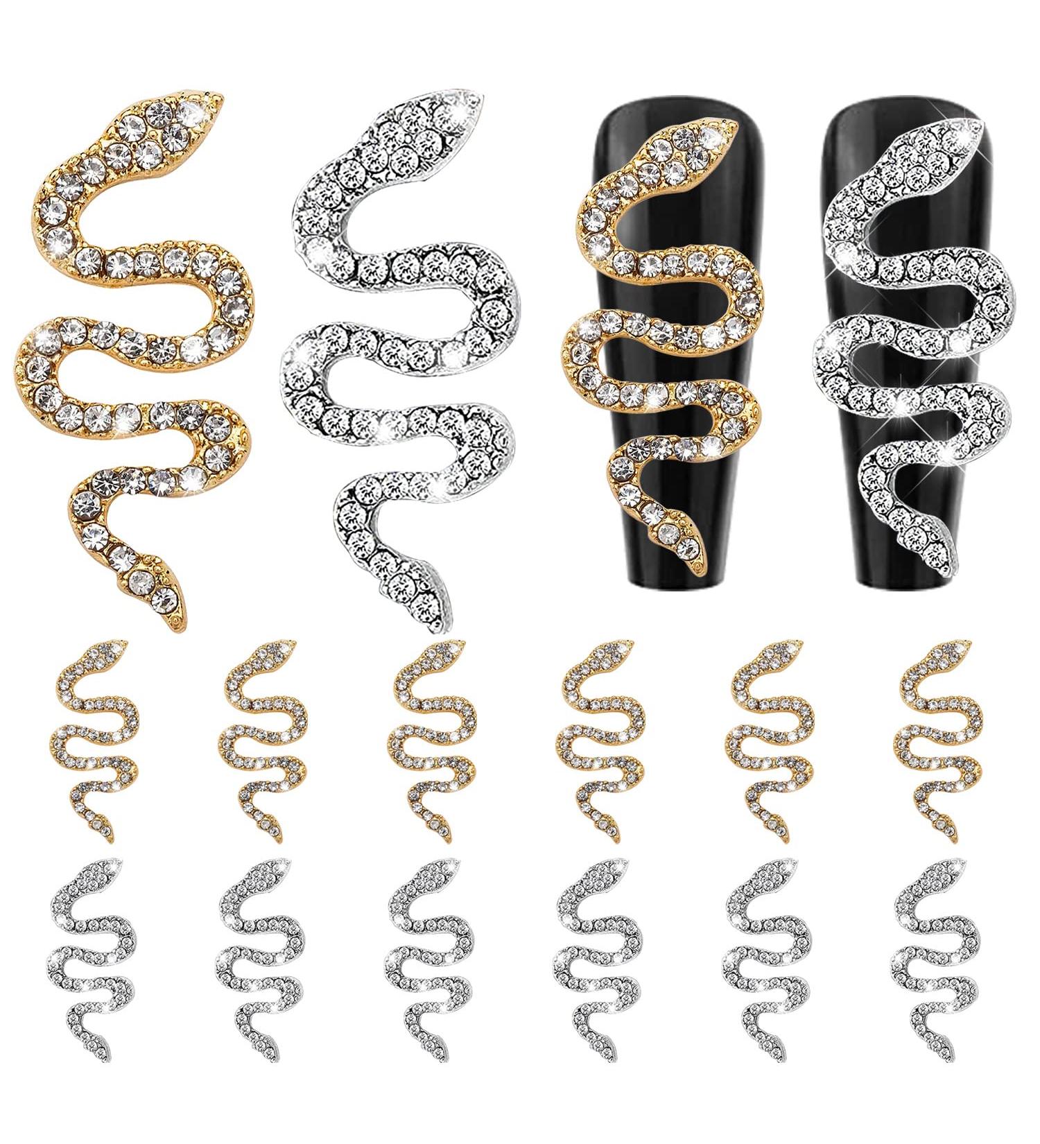 WOKOTO 12pcs Snake Nail Charms for Acrylic Nails - Gold and Silver Rhinestones for Women Nail Art - 3D Nail Decorations Kit - Buy Online on GoSupps.com