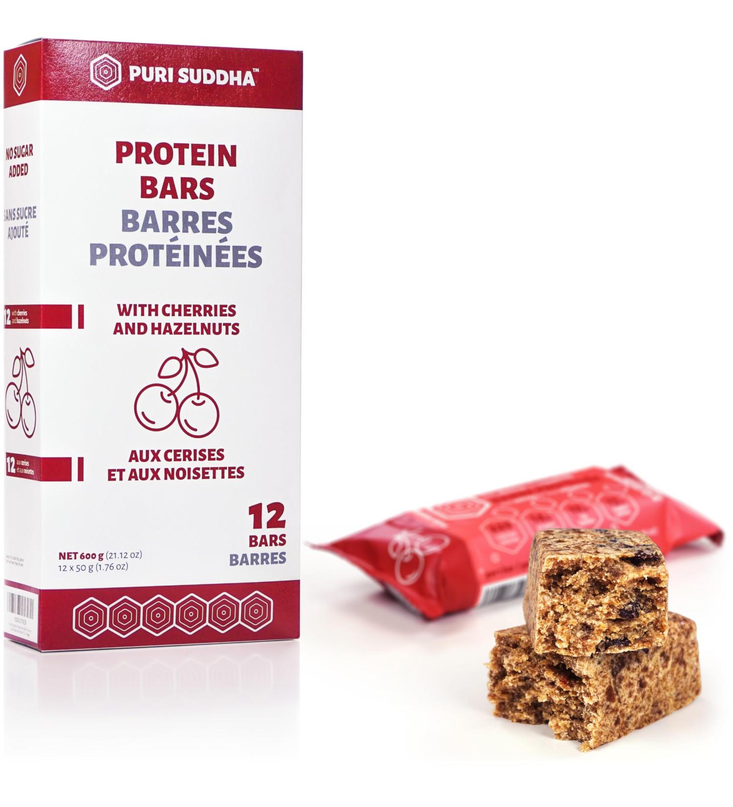 PURI SUDDHA Protein Bars Cherries and Hazelnuts (Pack of 12) High Protein Snacks No Sugar Added Energy Breakfast Bars in Family Package 600 g