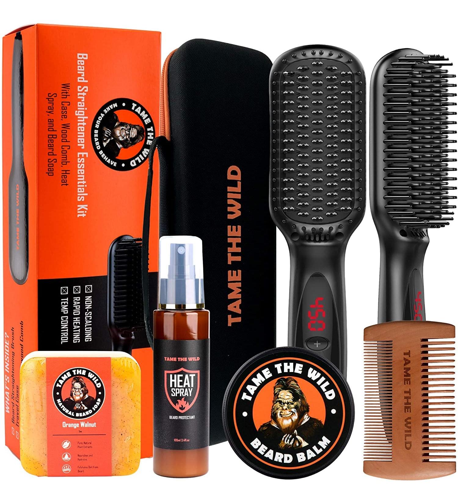 Tame the Wild Pro Beard Straightener Kit - 6-Piece Grooming Set with Heated Brush, 12 Temp Settings, Sprays & Comb for Men - Buy Online on GoSupps.com
