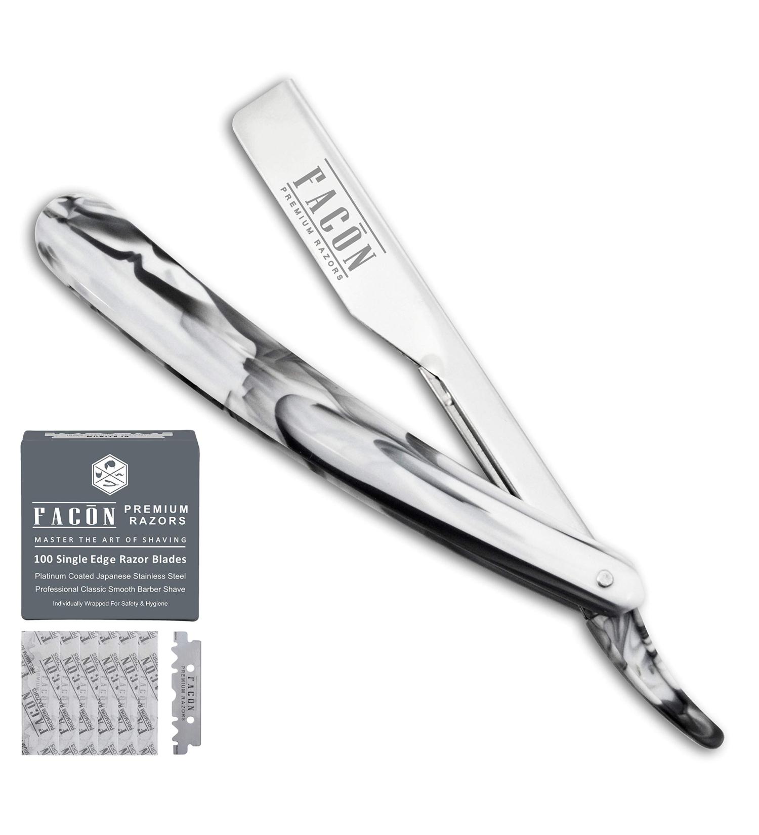 Facn Professional Marble Straight Edge Barber Razor | 100 Blades Included | Salon Quality Cut Throat Shavette - Buy Online on GoSupps.com