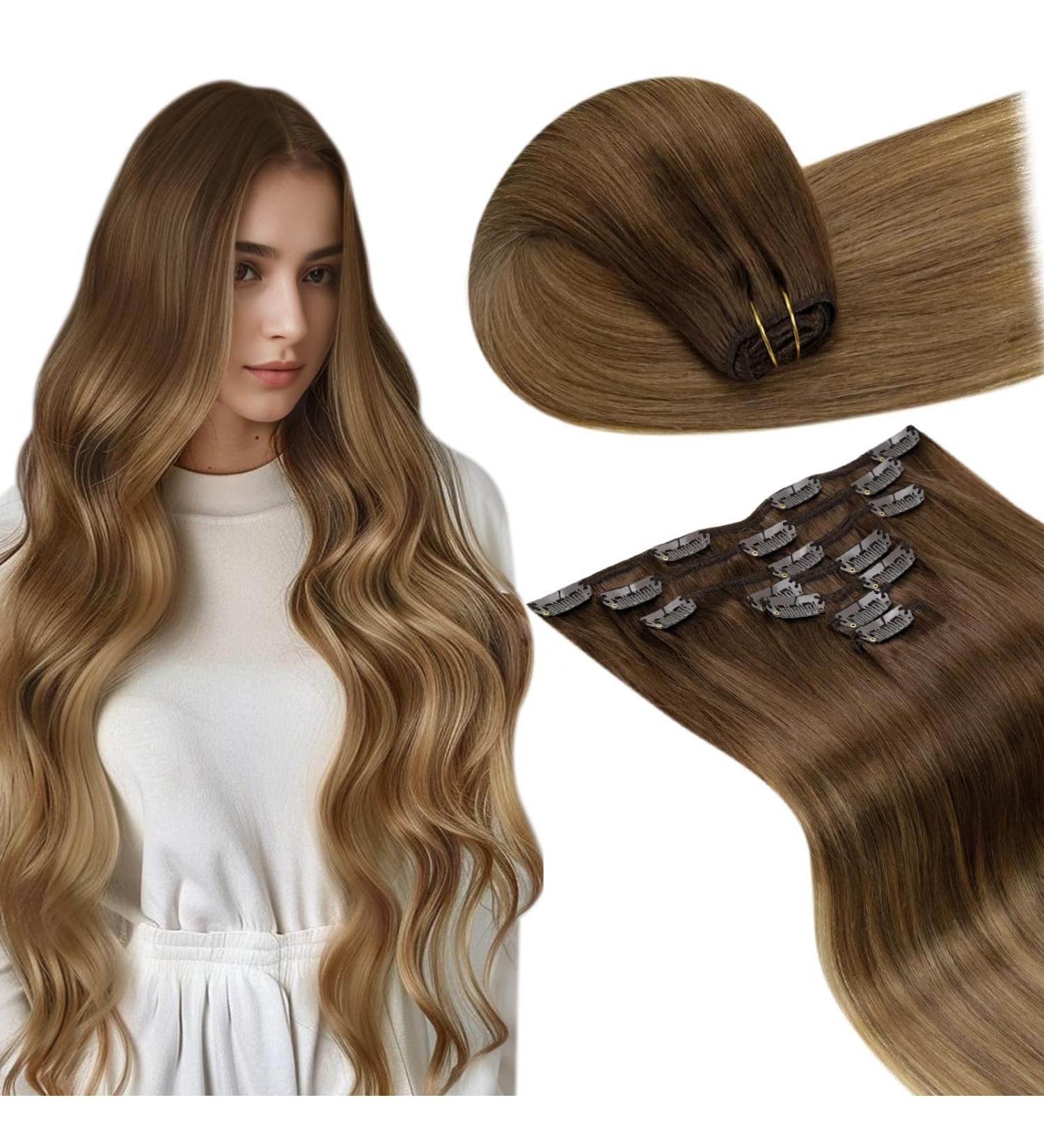 LAAVOO Real Hair Extensions - Clip in Balayage & Ombre 105g 7 Piece Set #6/8/14 50cm Double Tessen for Luxurious Volume - Buy Online on GoSupps.com