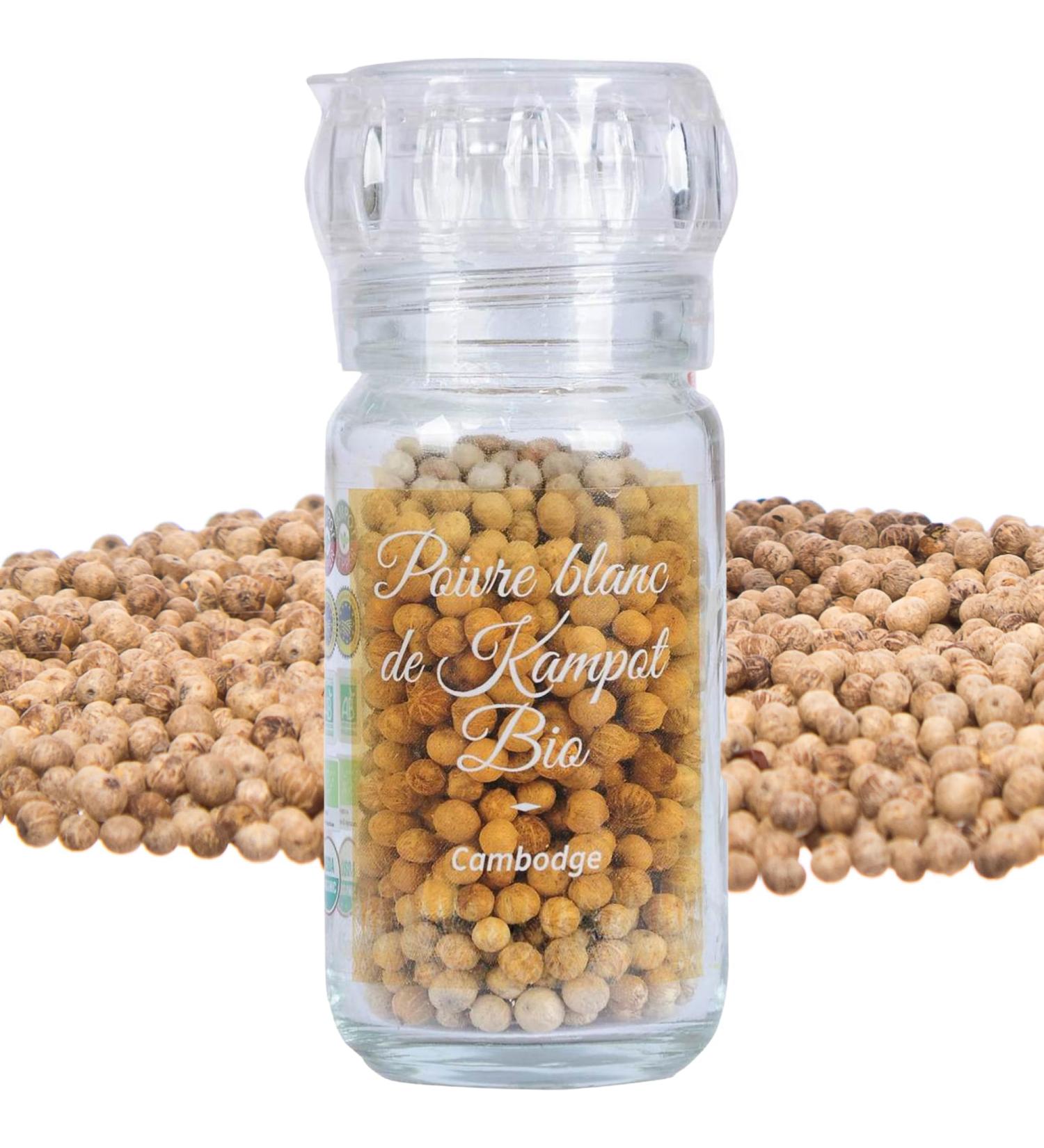 Khla - Certified Organic Kampot White Pepper 45 g - Refillable Mill - Organic Peppercorn Sachet - Grand Cru Strong & Powerful - Kitchen Ingredient - Direct Producer - Cambodian Origin - Buy Online on GoSupps.com
