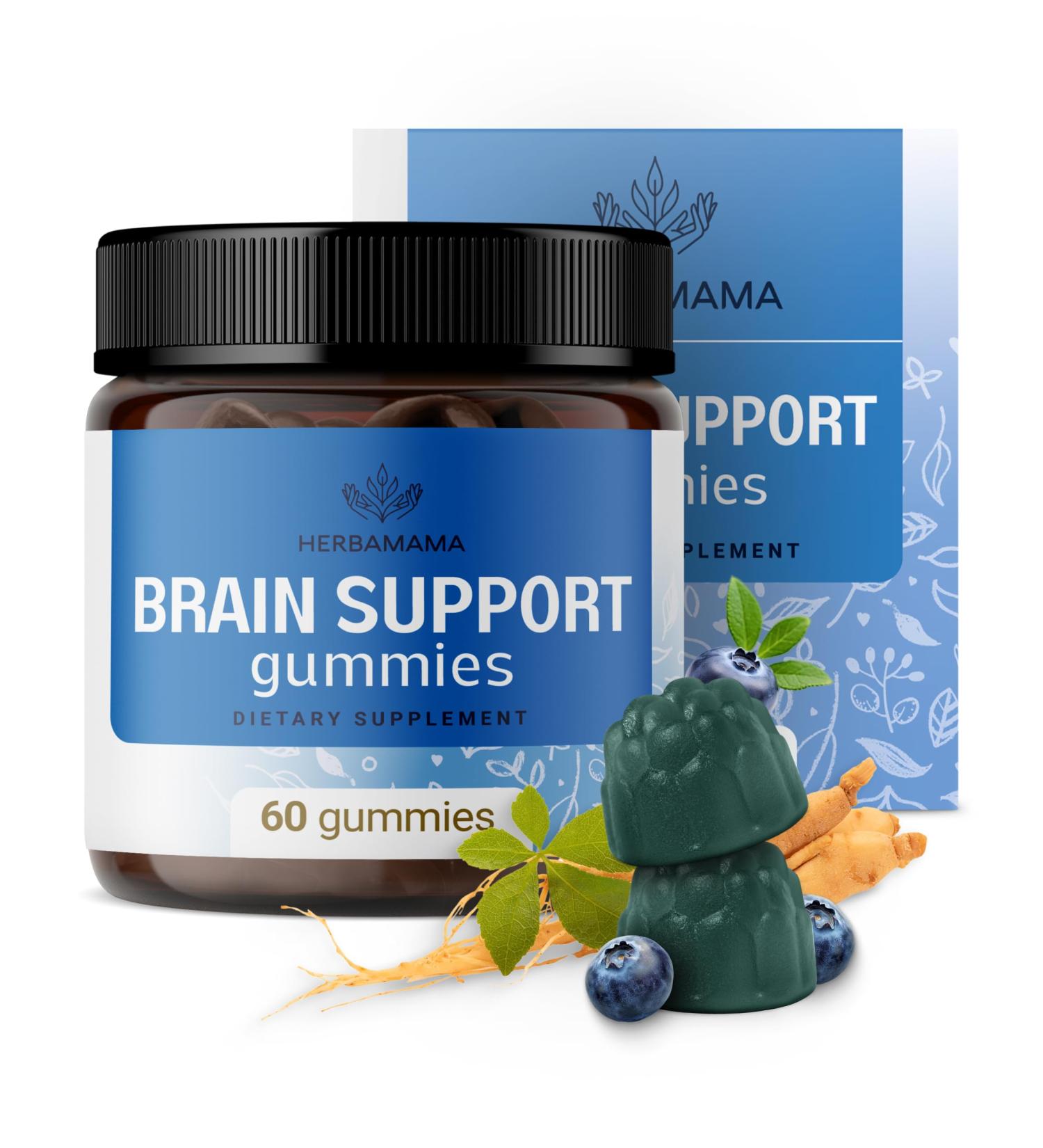 HERBAMAMA Brain Support Gummies Brain Focus Supplements for Adults with Ashwagandha Bacopa Monnieri Vitamin C & B12 Vegan Non-GMO Calming Gummies 60 Pectin-Based Blueberry-Flavored Chews - Buy Online on GoSupps.com
