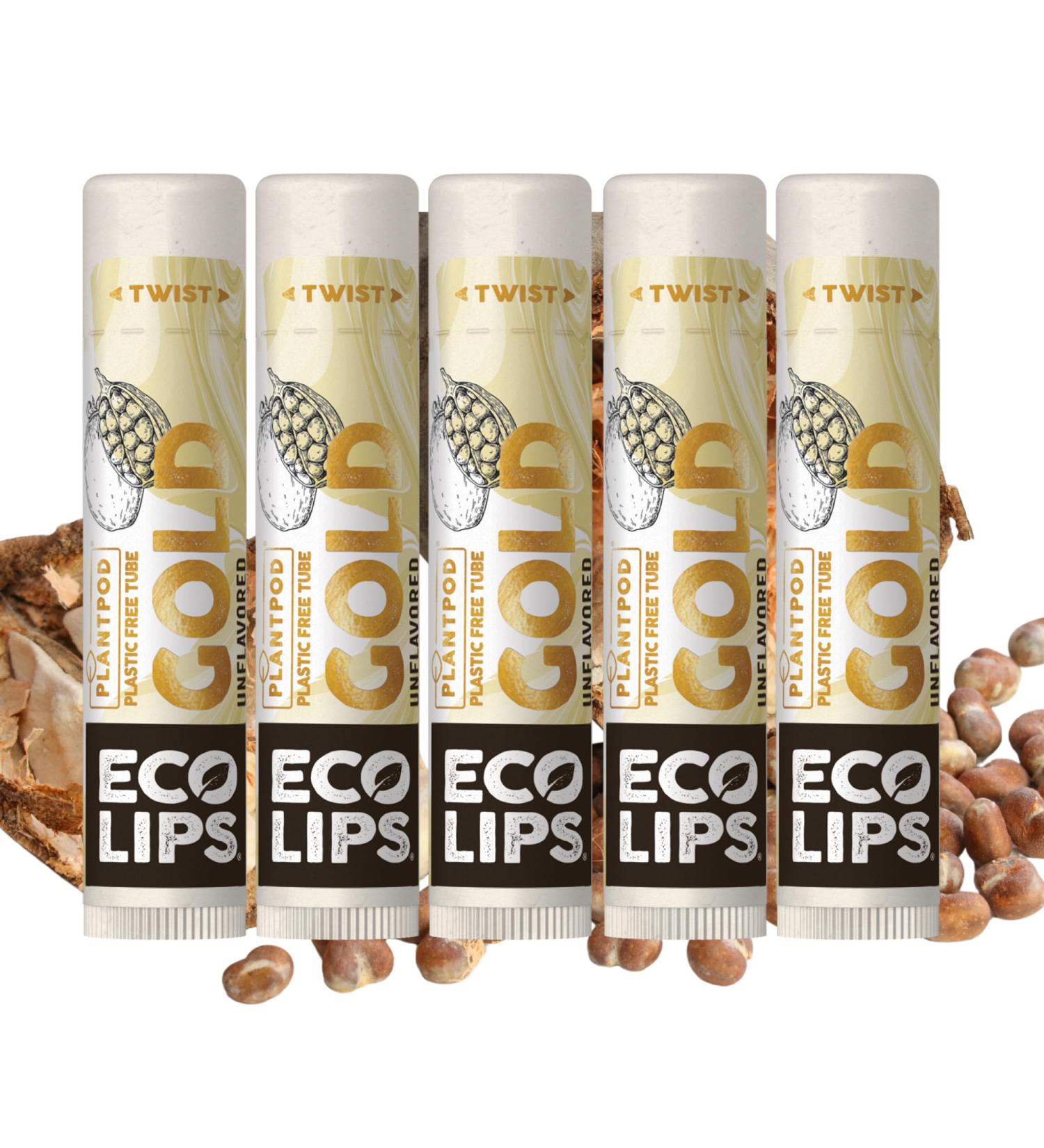 Eco Lips GOLD Organic Lip Balm with Baobab Oil 6-Pack | USDA Organic Moisturizing Lip Care for Dry Chapped Lips | 100% Plastic-Free Packaging | Made in USA - Buy Online on GoSupps.com
