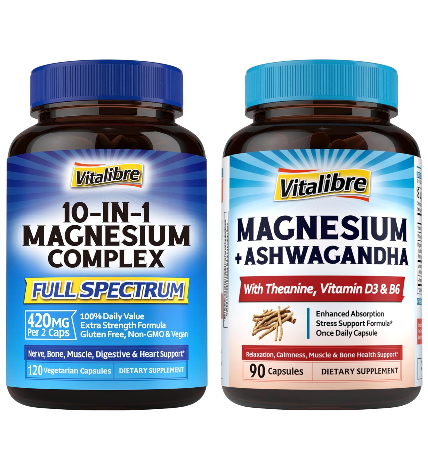 Vitalibre 10 in 1 Magnesium Complex 120 Capsules | Vitalibre 9 in 1 Magnesium Ashwagandha Complex 90 Capsules - Buy Online on GoSupps.com