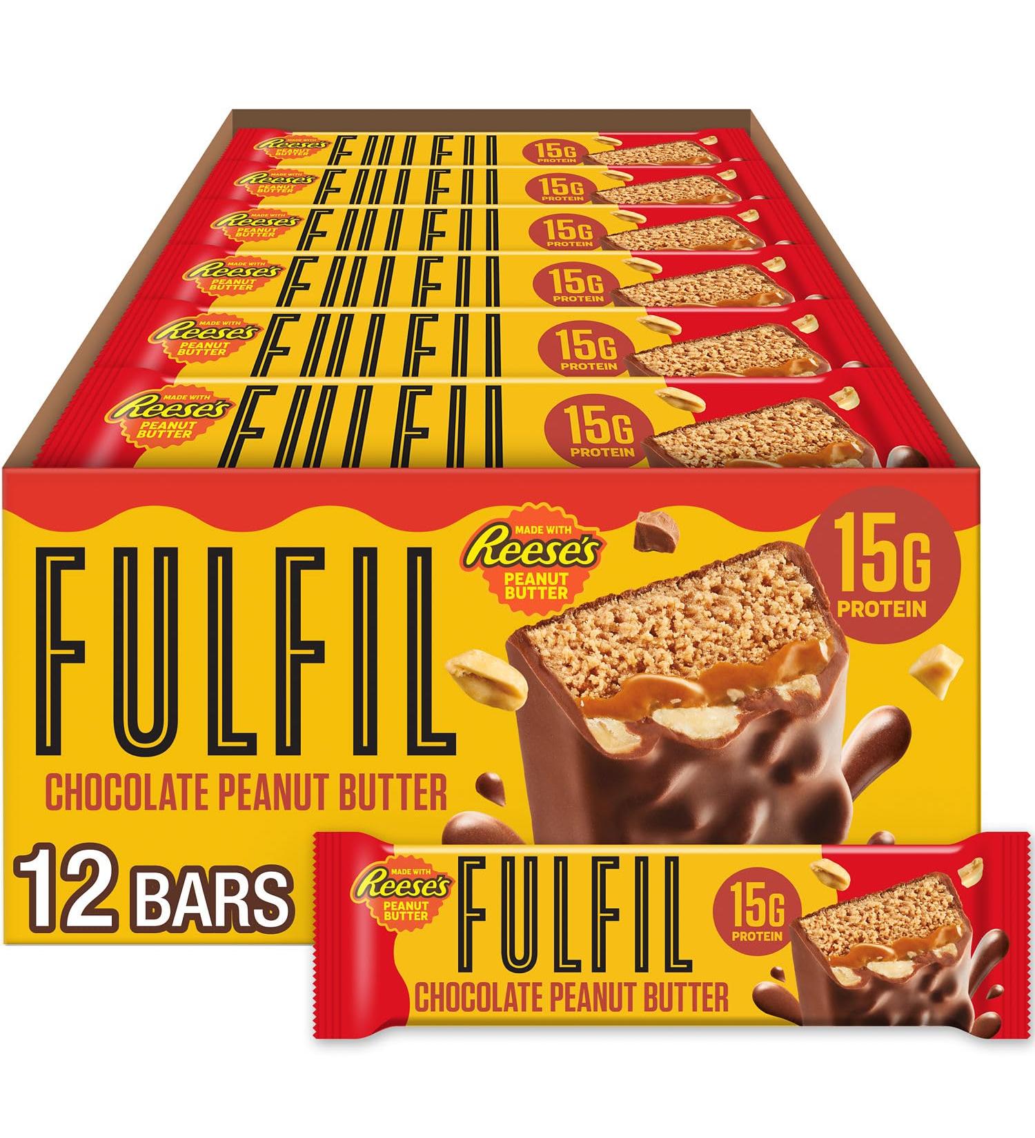 FULFIL Chocolate Peanut Butter Flavored Protein Bar Made with REESE's Peanut Butter Gluten Free with 15g Protein Pantry Staples 12 Count 15g Protein (pack of 12) - Buy Online on GoSupps.com