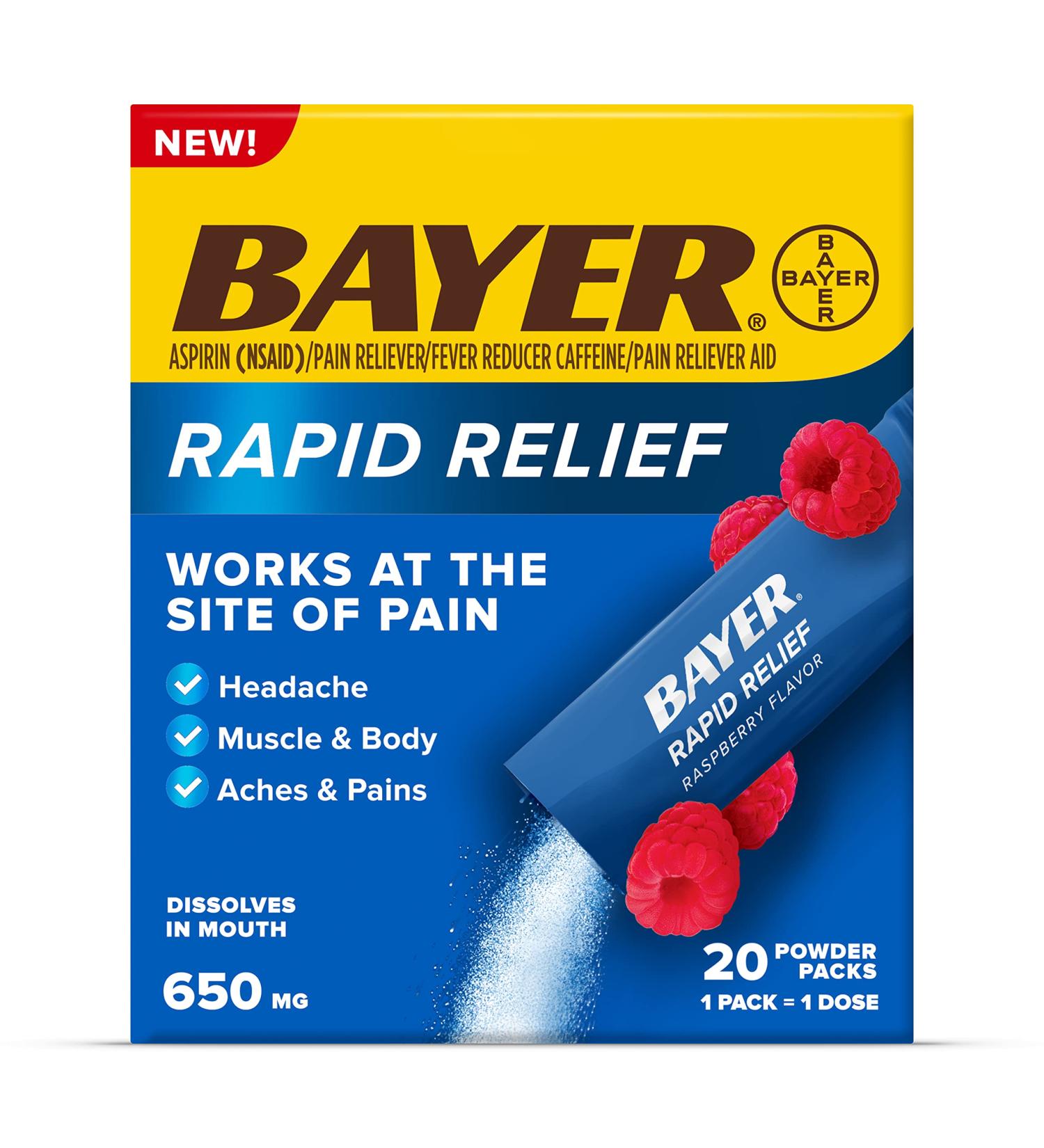 Bayer Rapid Relief Powder Packs | Fast-Acting Pain Relief for Headaches, Muscle, Body | Aspirin & Caffeine | Raspberry Flavor | 20 Count - Buy Online on GoSupps.com
