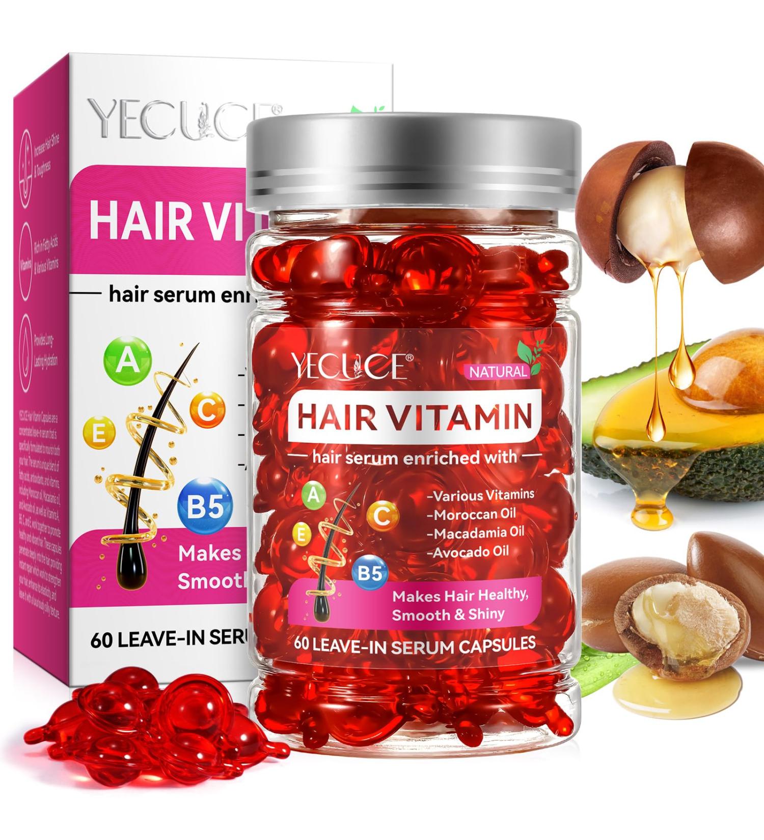 Hair Treatment Serum Capsules - 60 pcs | Hydrating Vitamin Serum for Women & Men with Argan Macadamia & Avocado Oils - No Rinse Smooths & Repairs Hair - Buy Online on GoSupps.com