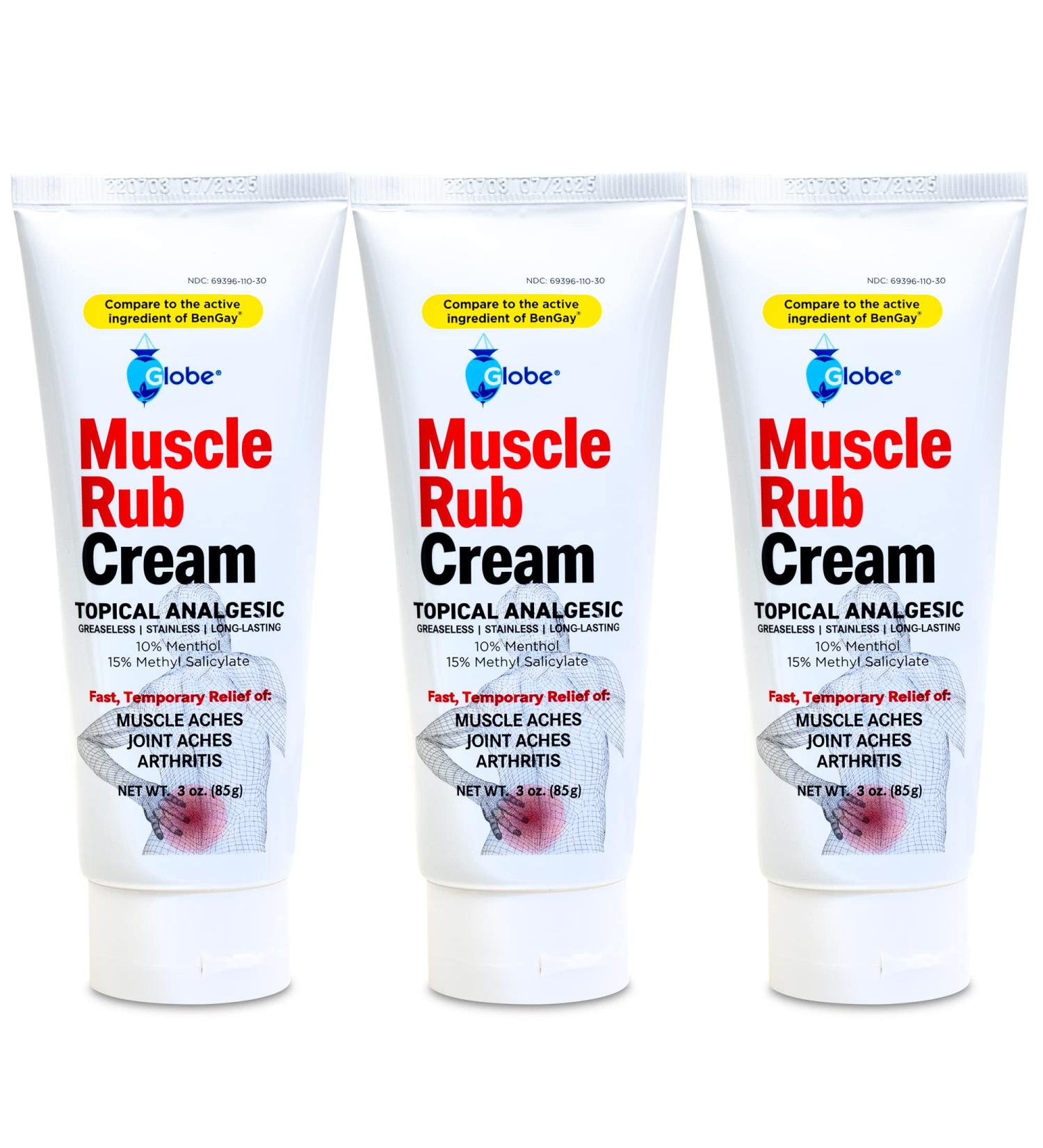 (3 Pack) Globe Ultra Strength Greaseless Muscle Rub Cream (3 oz). Compare to The Active Ingredients of Greaseless Bengay 10% Menthol & 15% Methyl Salicylate (3 Pack) - Buy Online on GoSupps.com