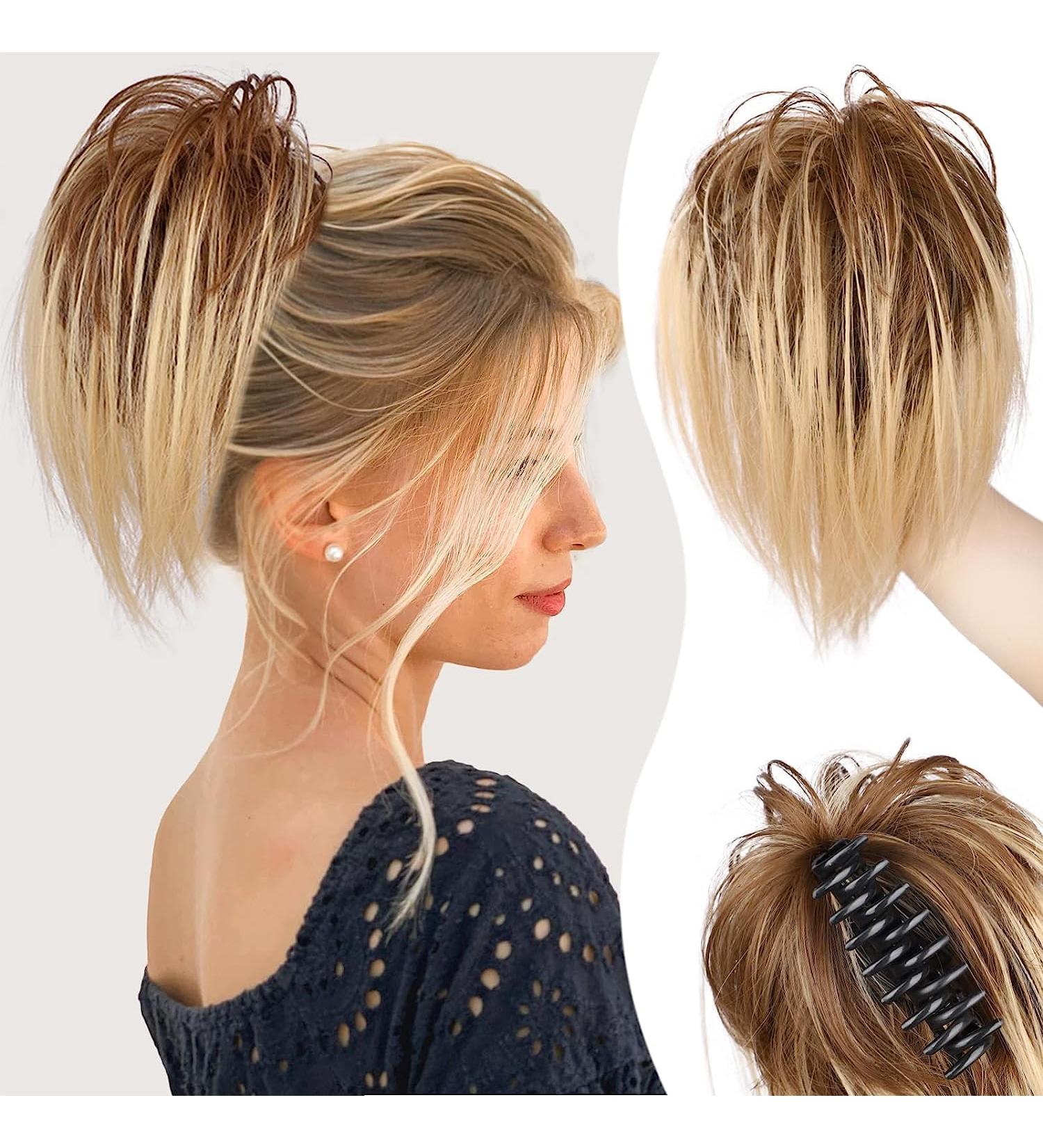 PORSMEER Claw Clip Ponytail Hair Extension 10 Blonde Mix Brown - Messy Bun Chignon Updo for Women/Girls - Buy Online on GoSupps.com