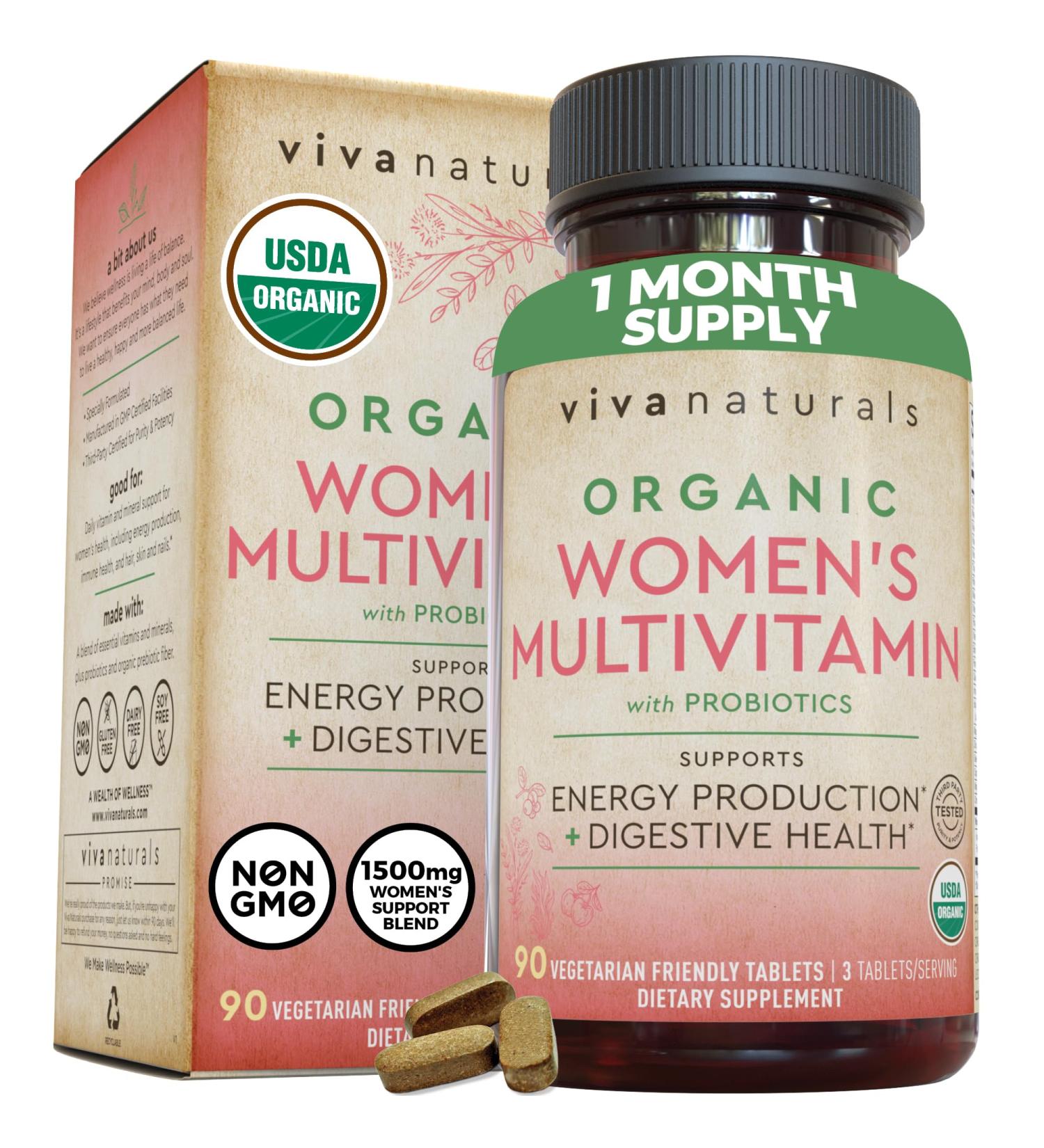 Women's Organic Multivitamin with Iron, Probiotics & Essential Vitamins B12, C, D, E - 90 Tablets - Buy Online on GoSupps.com