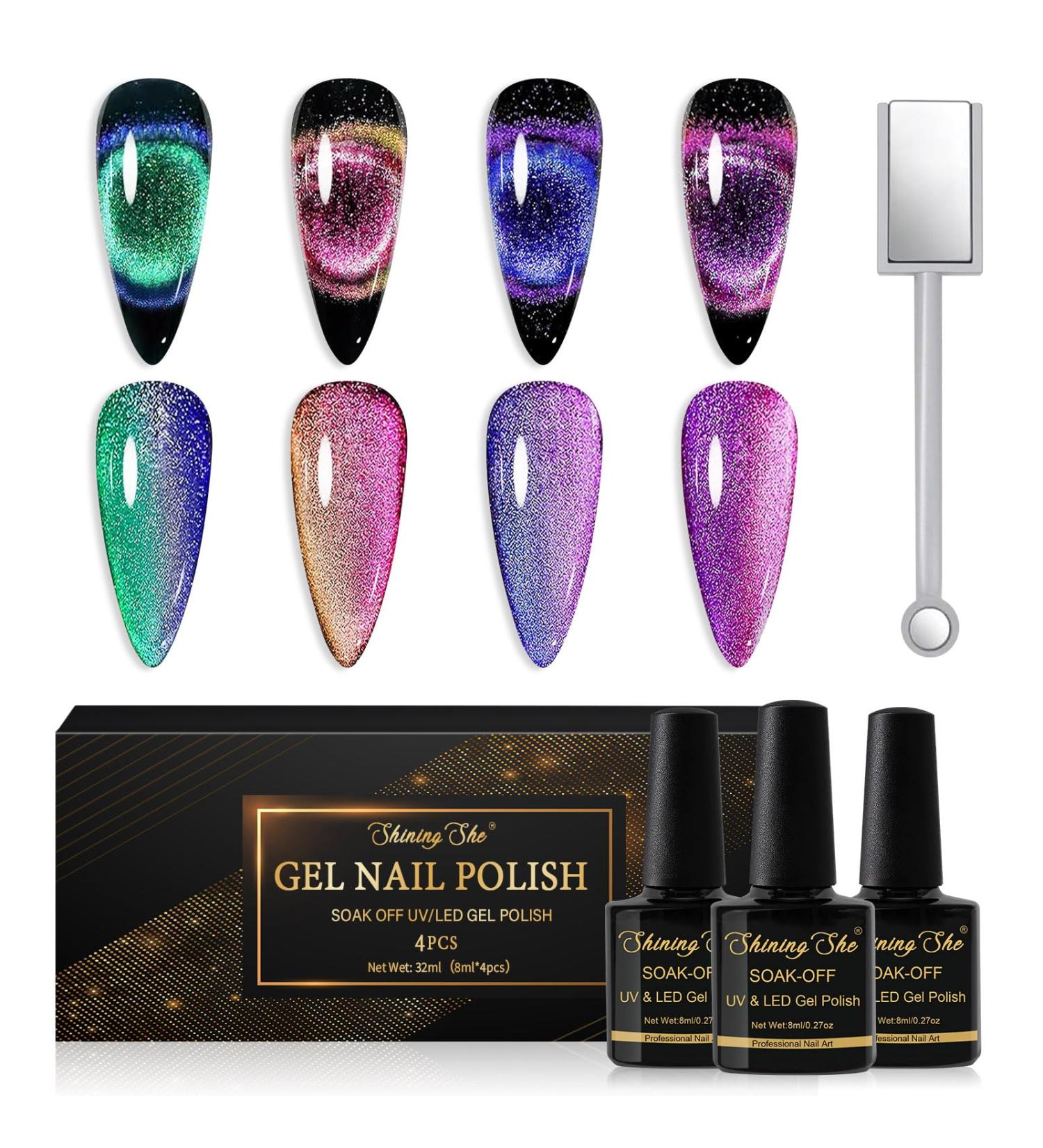 Shining She Cat Eye Gel Nail Polish 4 Colours Magnetic Gel Nail Polish with Magnet Soak-Off UV/LED Chameleon Holographic Cat Eye Gel Polish for Nail Art Salon DIY Home 8ML Cat Eyes - Buy Online on GoSupps.com