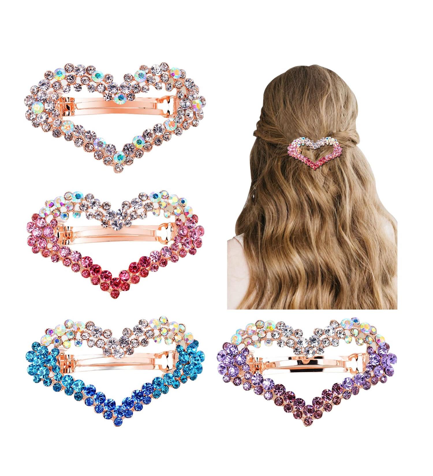 4 Pack Gold Glitter Heart Rhinestone French Barrettes for Women & Girls - Buy Online on GoSupps.com