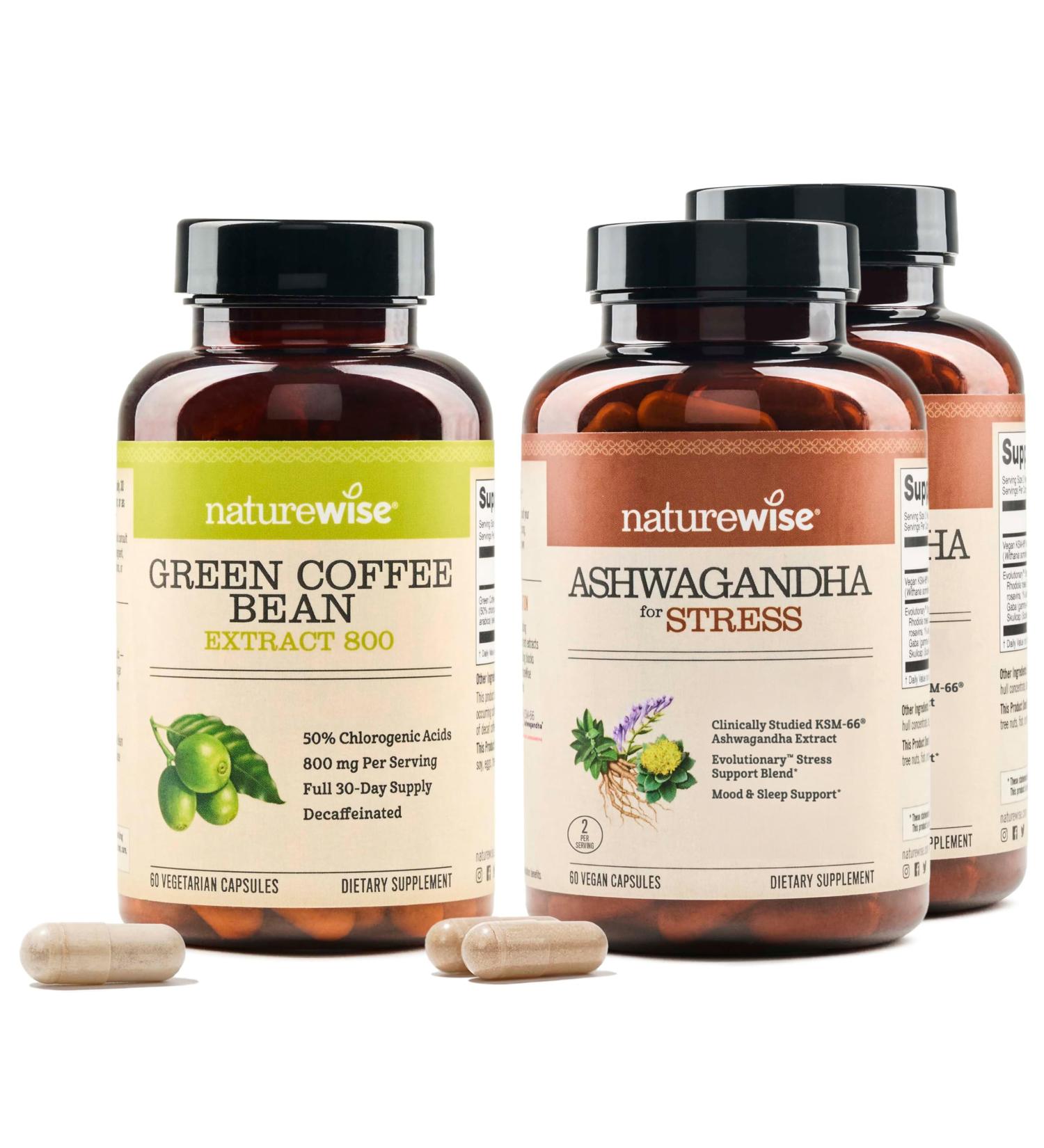 NatureWise 1 Green Coffee Bean Extract - Vegan Non-GMO - 60 Capsules 30-Day Supply + (Pack of 2) Ashwagandha for Stress + GABA & L-Theanine - 60 Capsules 30-Day Supply  - Buy Online on GoSupps.com