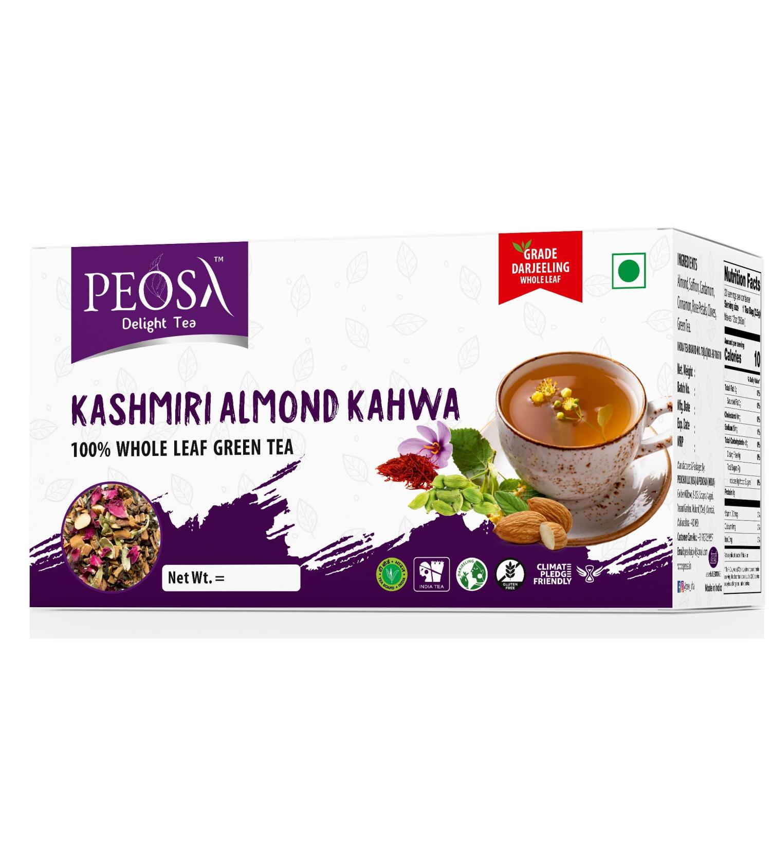Peosa Delight Tea - Kashmiri Almond Kahwa Whole Leaf Green Tea with Saffron, Almond, Cardamom, Rose Petal - 40 Tea Bags - 3.52 Oz Box - Buy Online on GoSupps.com