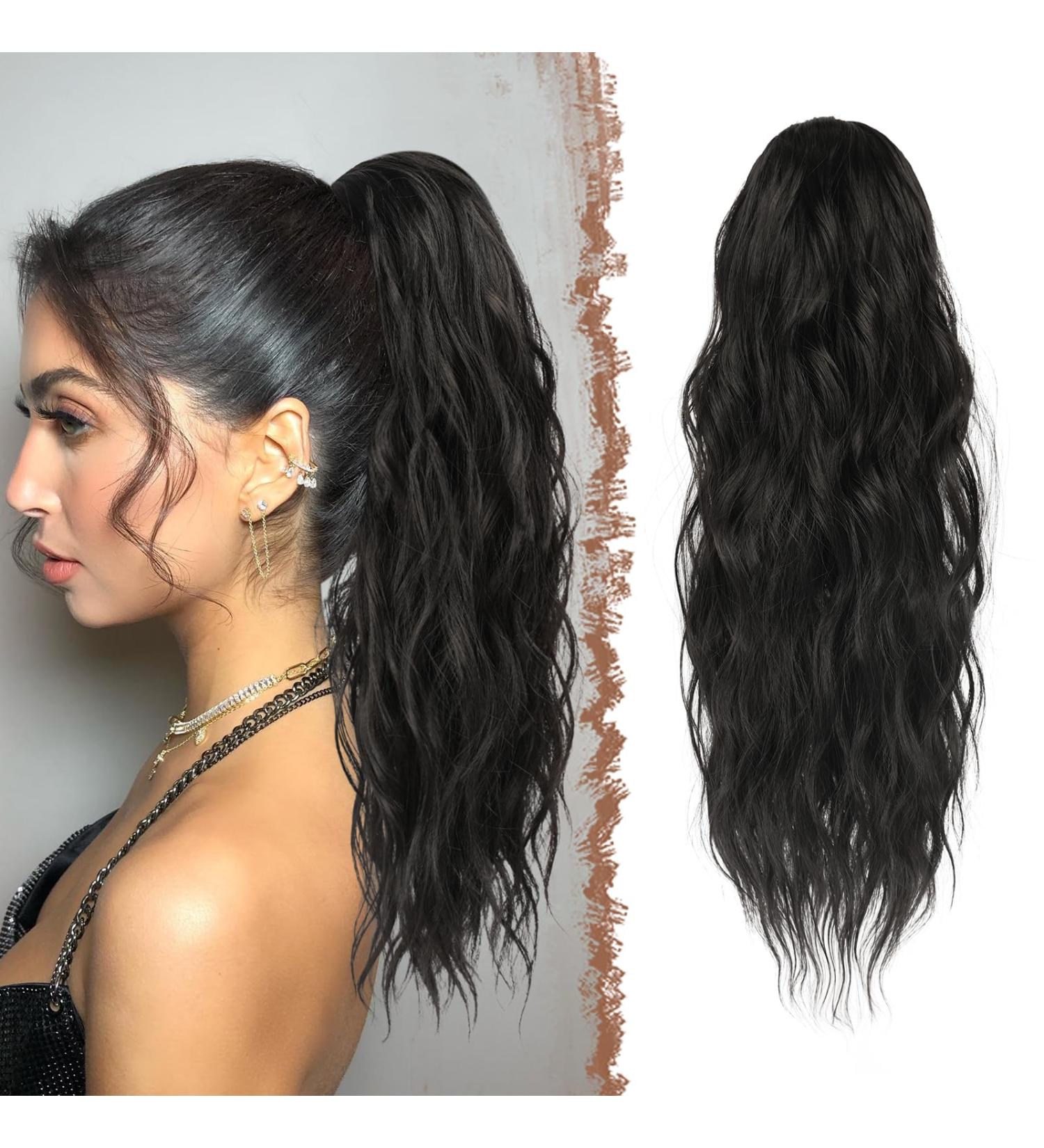 FESHFEN Long Curly Wavy Drawstring Ponytail Extension - 18 Inch Off Black Synthetic Hair Piece for Women - Buy Online on GoSupps.com