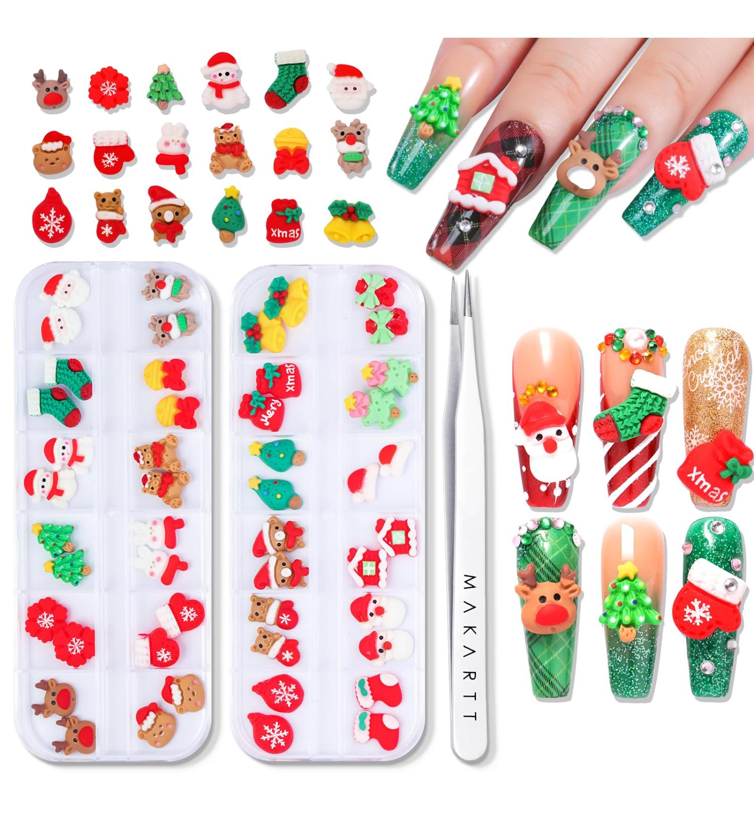 Makartt 3D Nail Jewellery Christmas Stereoscopic Snowman Reindeer Christmas Tree Christmas Socks Snowflake Holiday Nail Art DIY Nail Manicure Decorations Nail Design Accessories with Tweezers - Buy Online on GoSupps.com