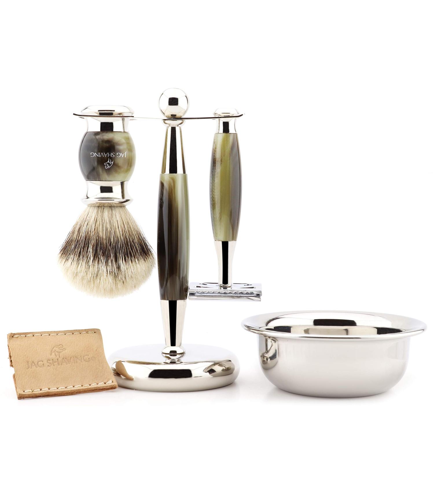 JAG Shaving luxury rasier set for men with a double-sided razor planer silver tip roof hair stand bowl and leather case for razor planes