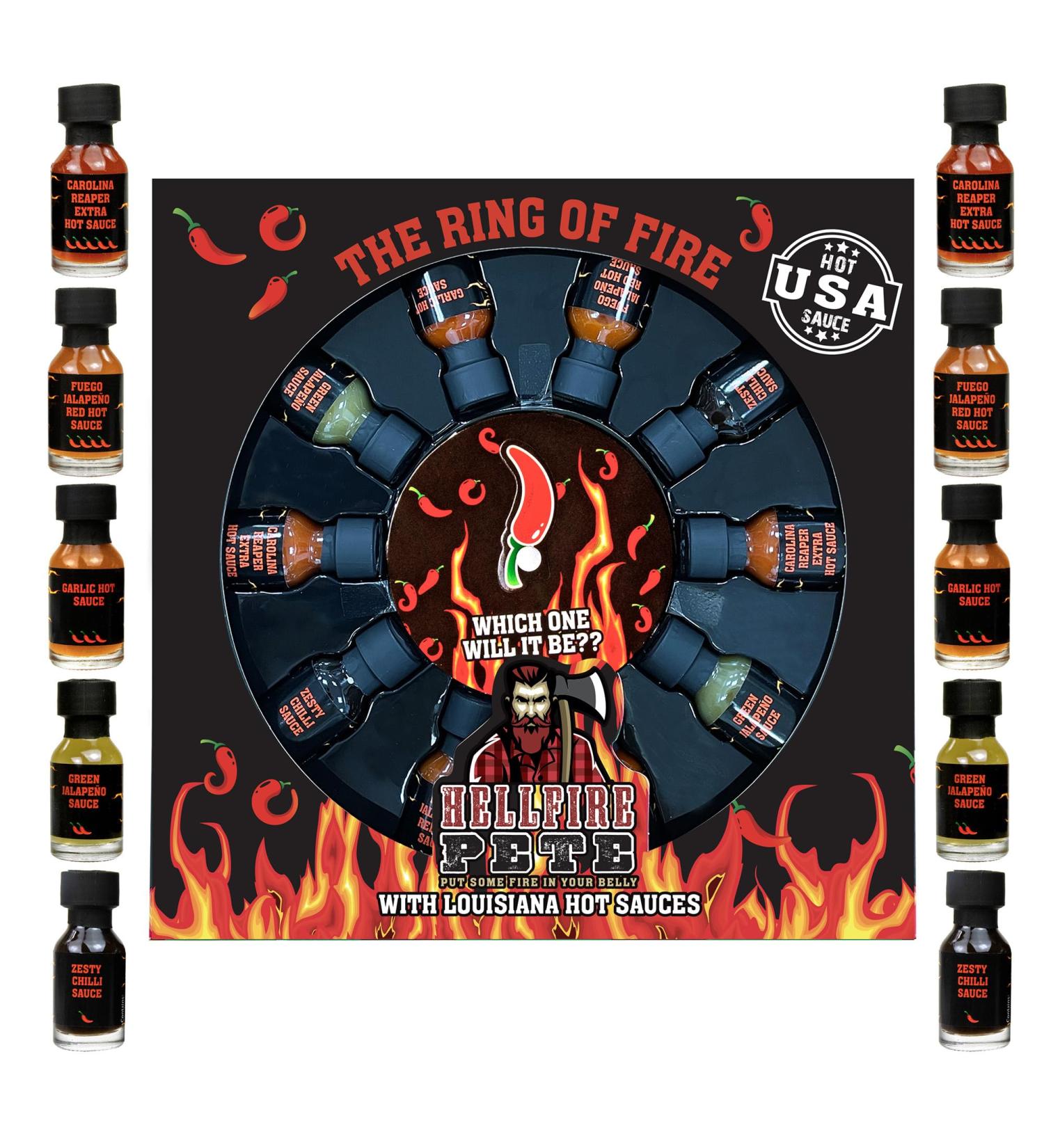 Ring of Fire Chilli Challenge Game Hot Sauce Gift Set - 10 x 20ml Including Carolina Reaper - Perfect Secret Santa & Novelty Gift - Buy Online on GoSupps.com