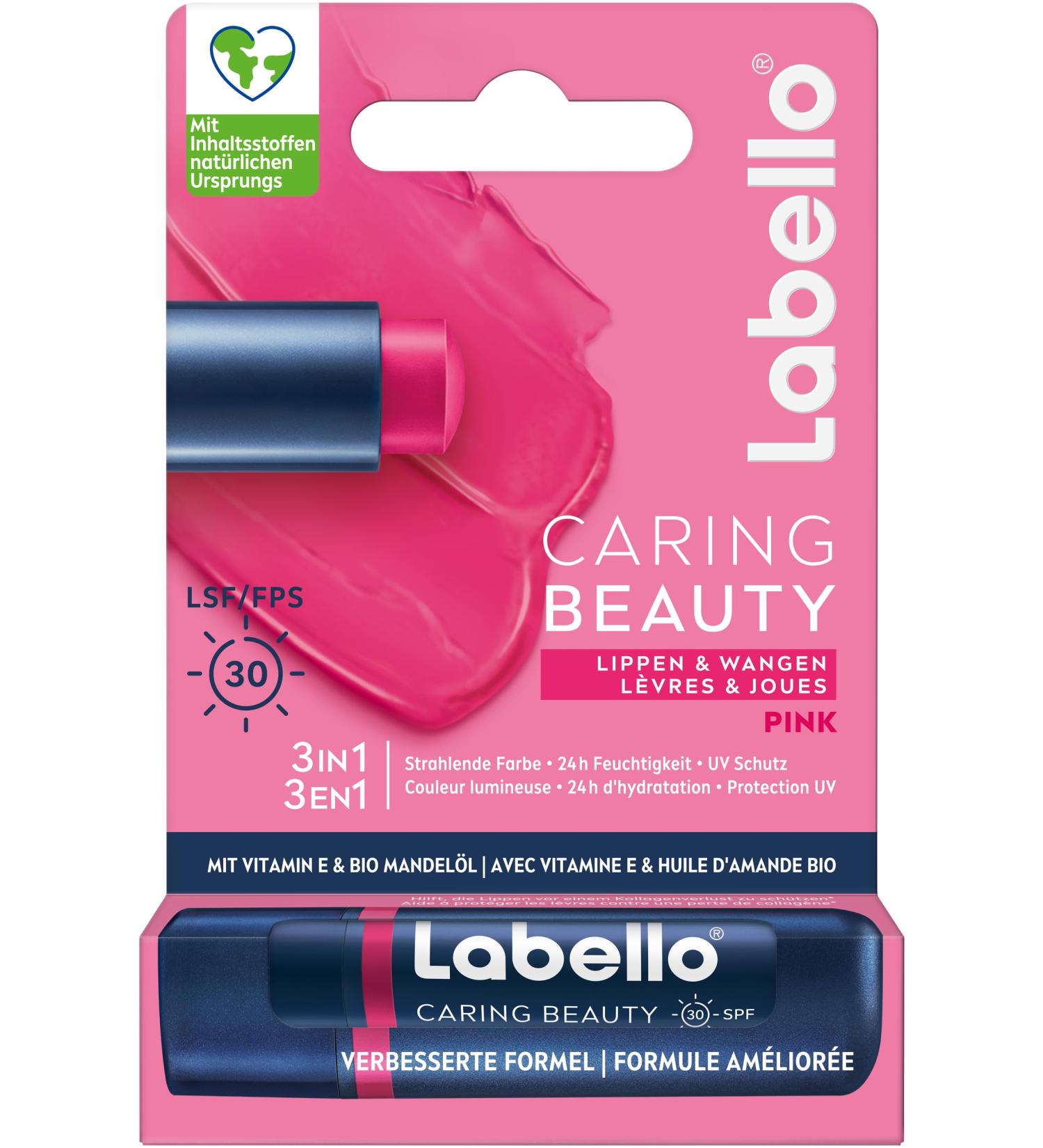 Labello Labello Caring Beauty Pink Lip Balm with Colour and Sun Protection Colorful Lip Care SPF 30 Vitamin E & Organic Almond Oil (4.8g)