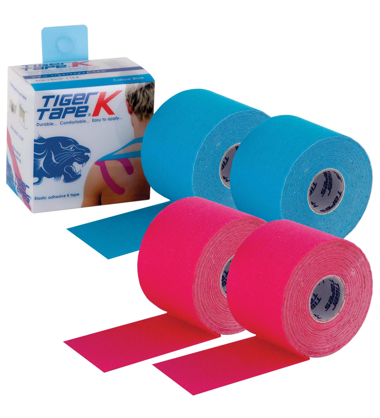 TIGERTAPES Tiger K Tape 5cm x 5m - Uncut Kinesiology Tape for Muscle Support & Injury Recovery - Water Resistant Blue/Pink - Buy Online on GoSupps.com