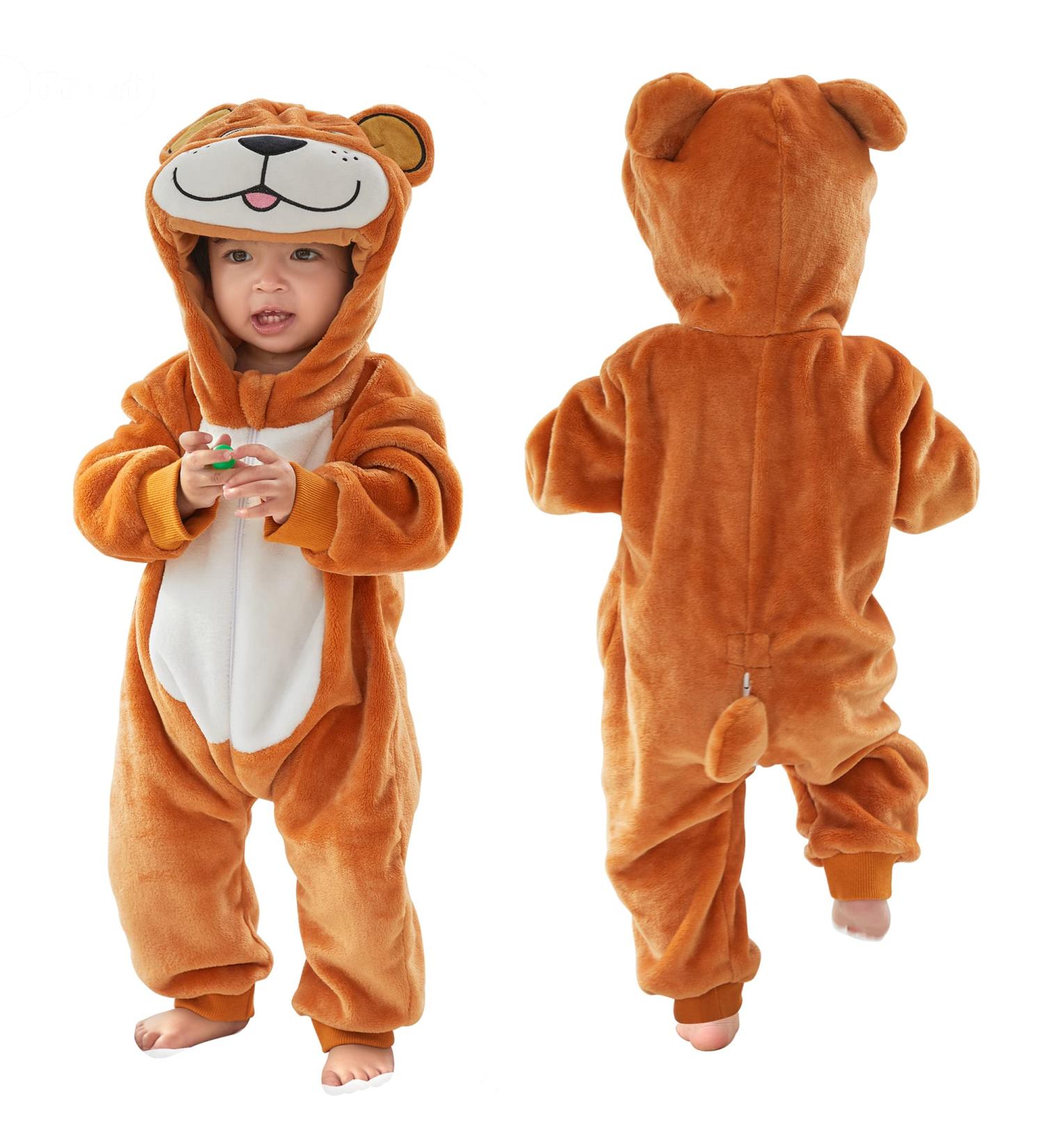 COOKY.D Baby Hooded Rompers Flannel Jumpsuit Pajamas - 3-6 Months (Brown) - Buy Online on GoSupps.com